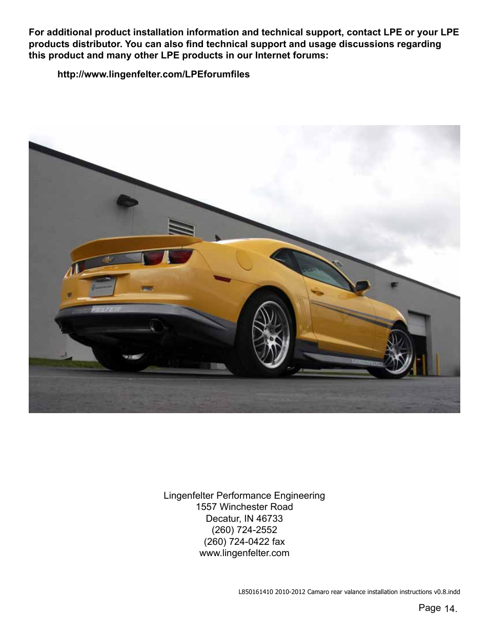 Picture | Lingenfelter L850161410 Camaro Rear Valance v0.8 User Manual | Page 15 / 15