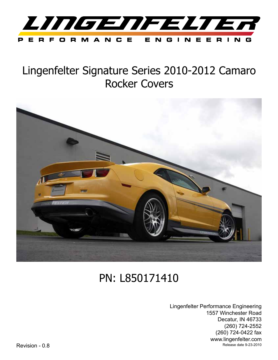 Lingenfelter L850171410 Camaro Rocker Covers v0.8 User Manual | 9 pages