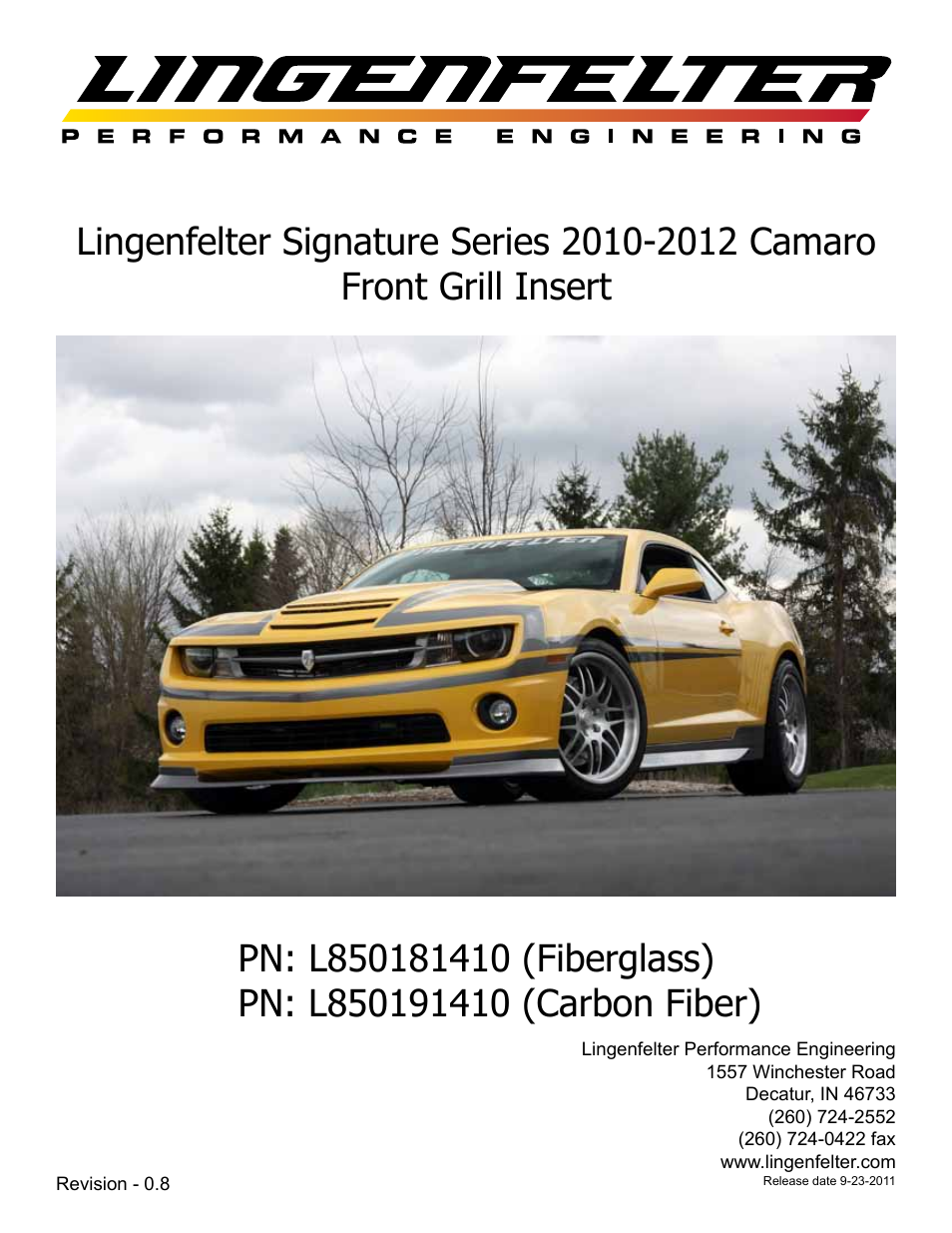 Lingenfelter L850181410 Camaro Grill Insert v0.8 User Manual | 12 pages