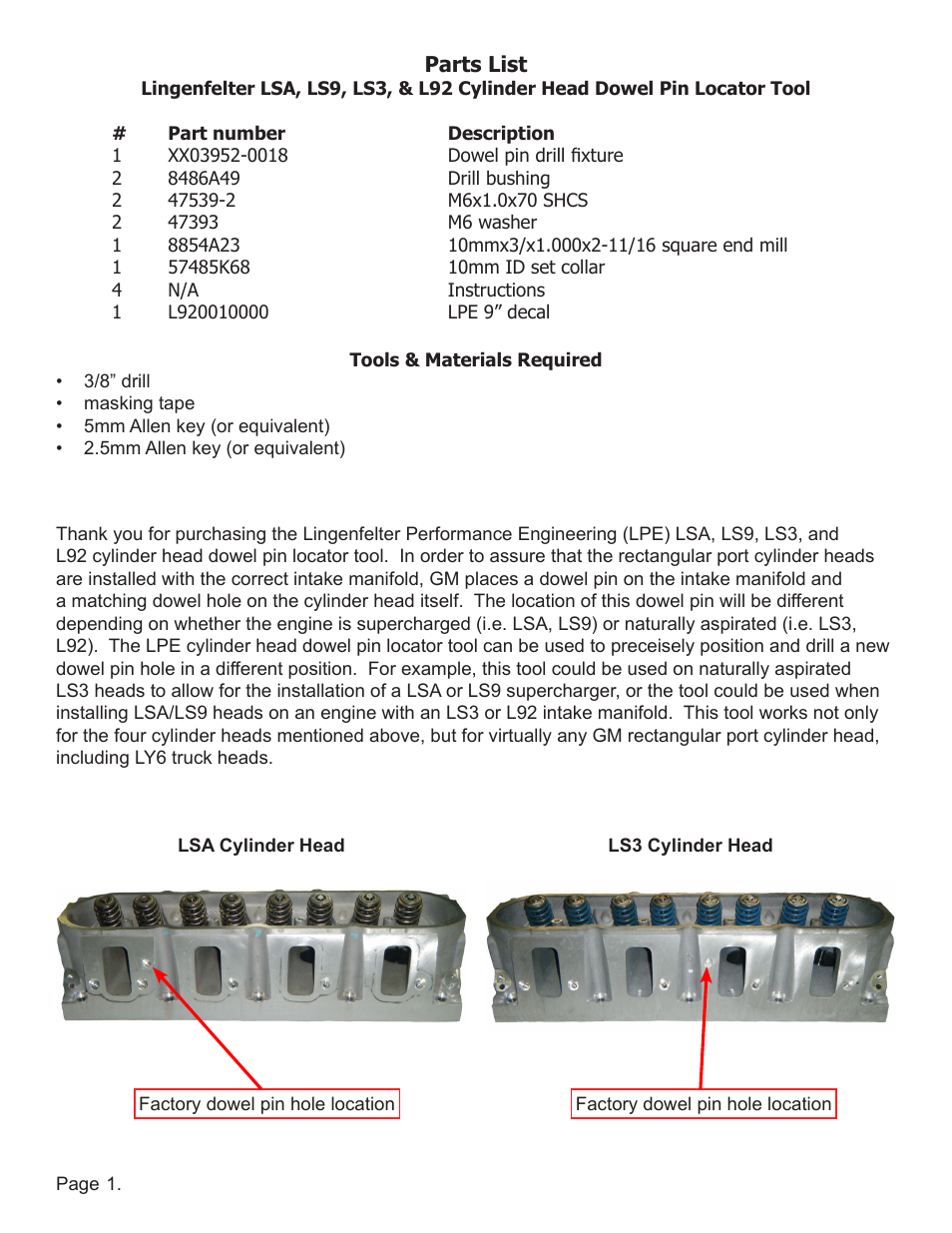 Lingenfelter L950075307 LSA, LS9, LS3, L92 cylinder head dowel pin locator tool v1.0 User Manual | Page 2 / 7