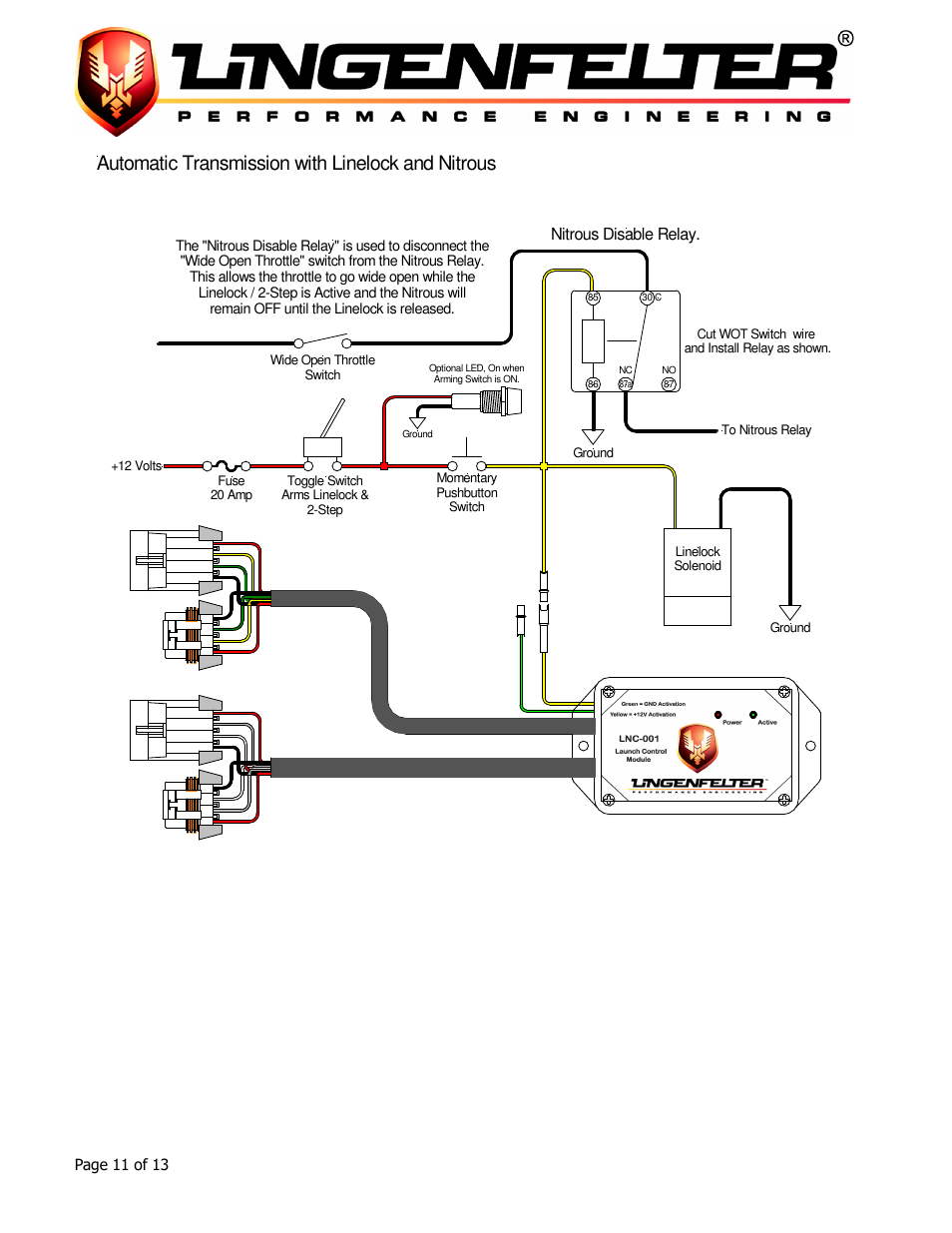 Automatic transmission with linelock and nitrous, Nitrous disable relay | Lingenfelter L460015297 Lingenfelter LNC-001 Launch Controller v3.02 User Manual | Page 12 / 14
