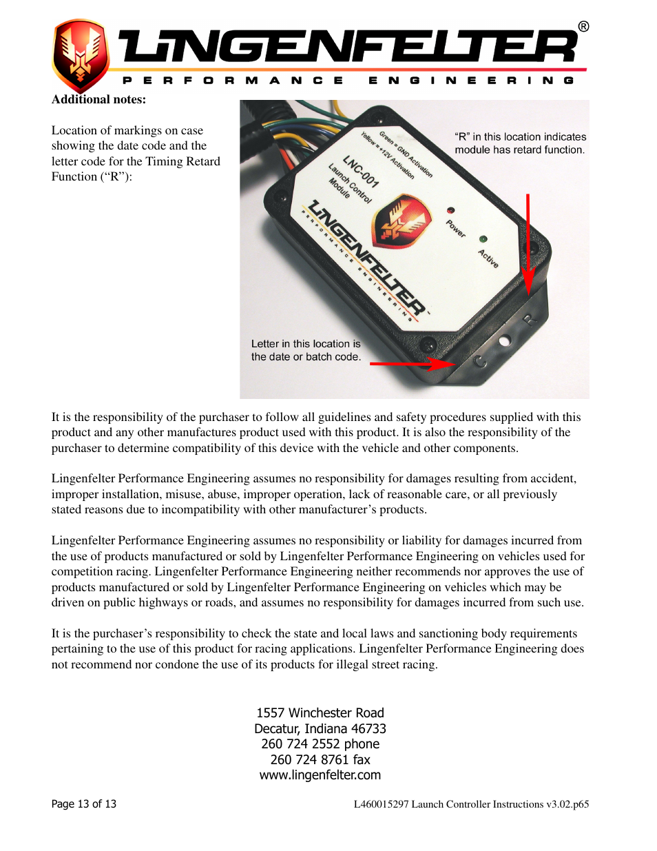 Lingenfelter L460015297 Lingenfelter LNC-001 Launch Controller v3.02 User Manual | Page 14 / 14