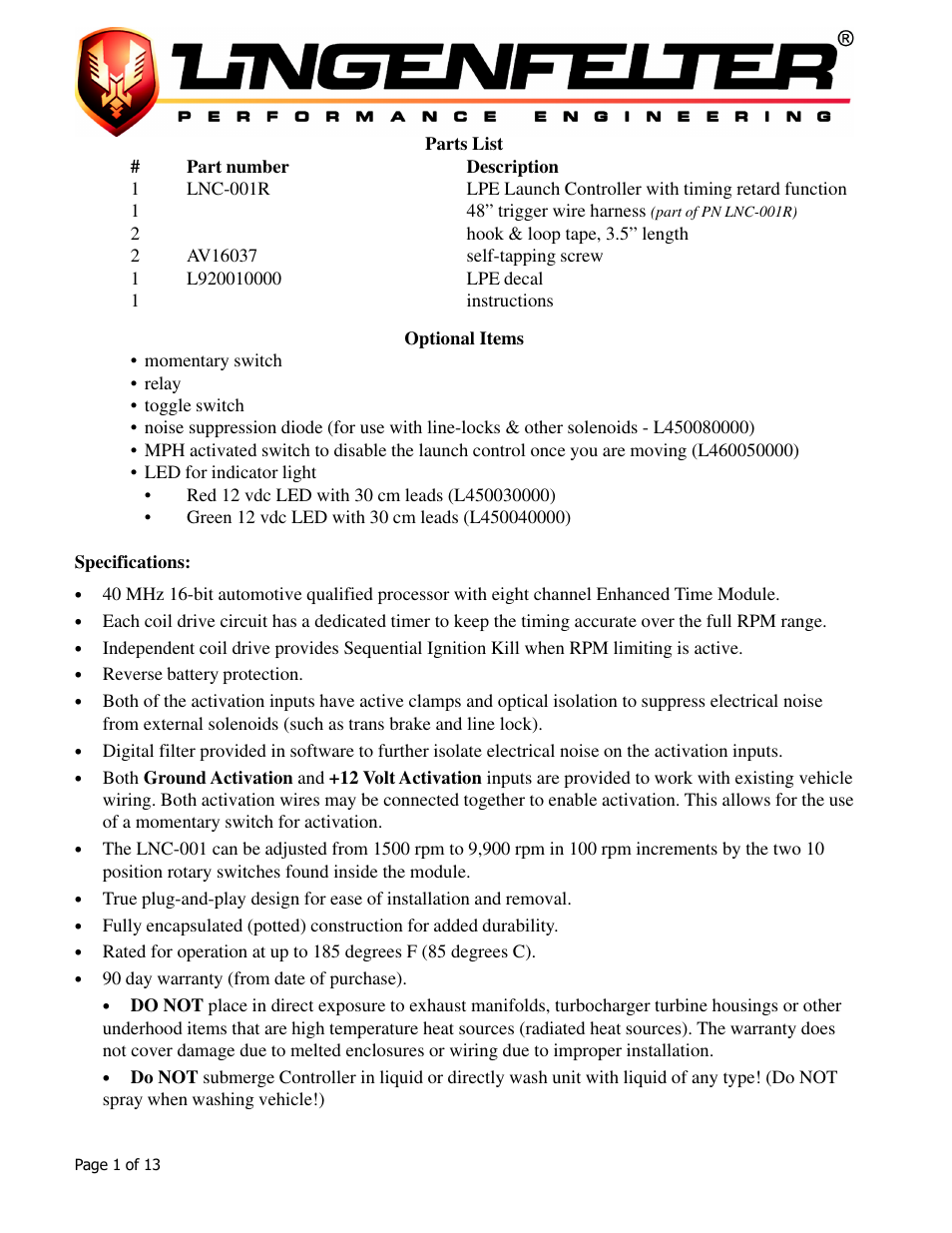 Lingenfelter L460015297 Lingenfelter LNC-001 Launch Controller v3.02 User Manual | Page 2 / 14