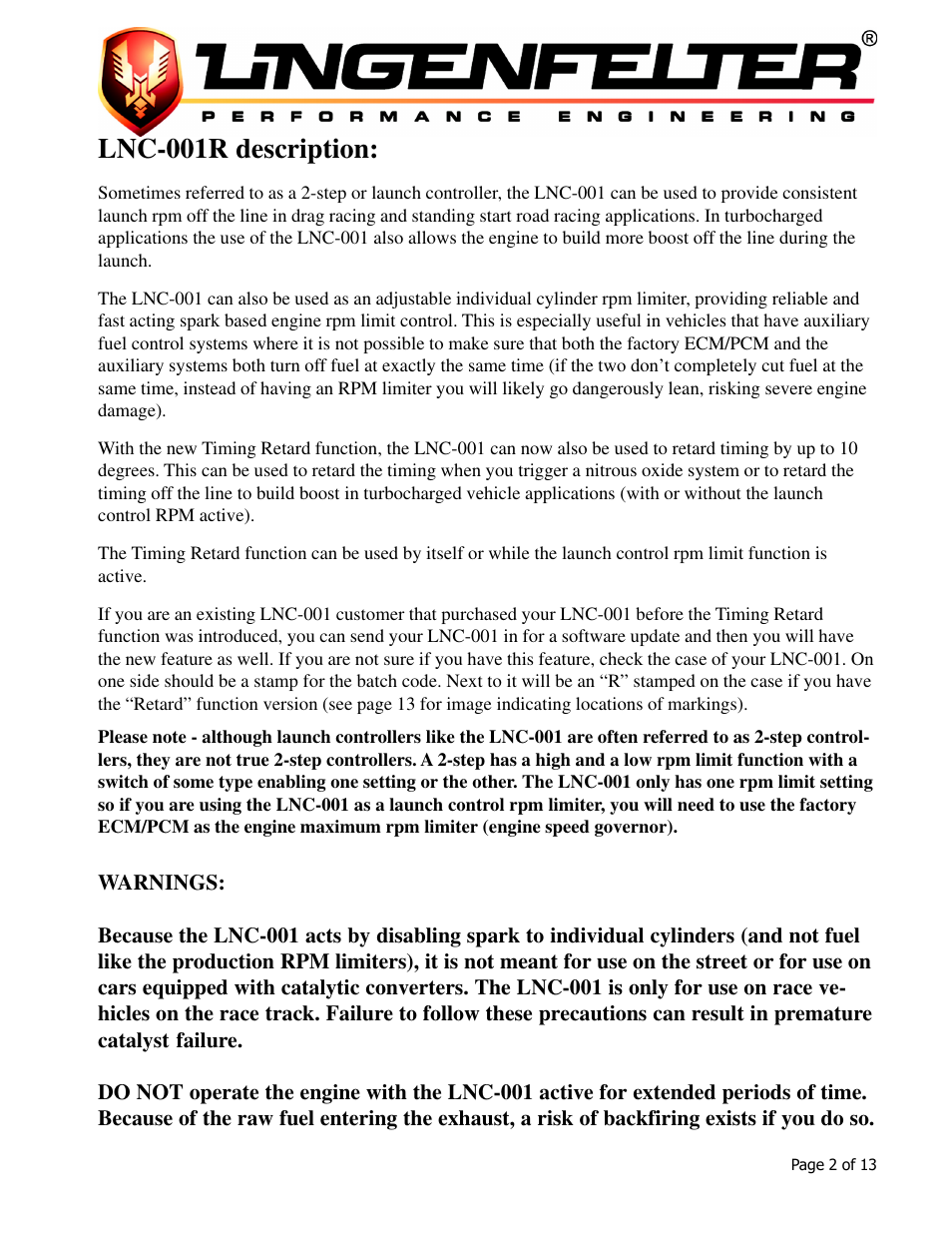 Lnc-001r description | Lingenfelter L460015297 Lingenfelter LNC-001 Launch Controller v3.02 User Manual | Page 3 / 14