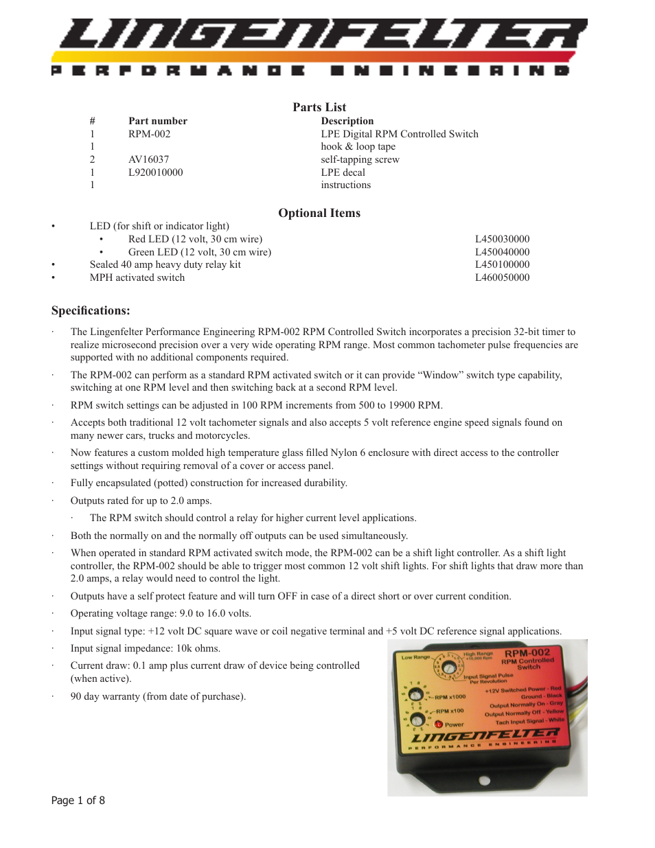 Lingenfelter L460040000 Lingenfelter RPM-002 RPM Activated Switch Instructions v2.3 User Manual | Page 2 / 9