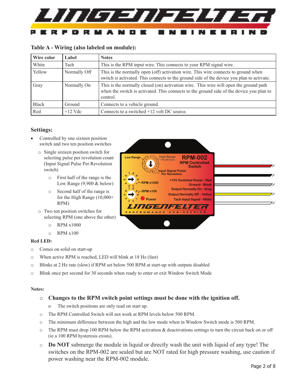 Table a - wiring (also labeled on module), Settings, Rpm-002 | Lingenfelter L460040000 Lingenfelter RPM-002 RPM Activated Switch Instructions v2.3 User Manual | Page 3 / 9