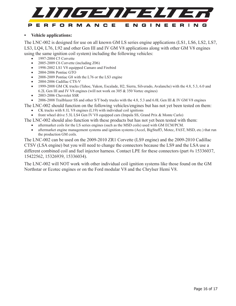 Lingenfelter L460095297 Lingenfelter LNC-002 Launch Controller v2.0 User Manual | Page 17 / 18