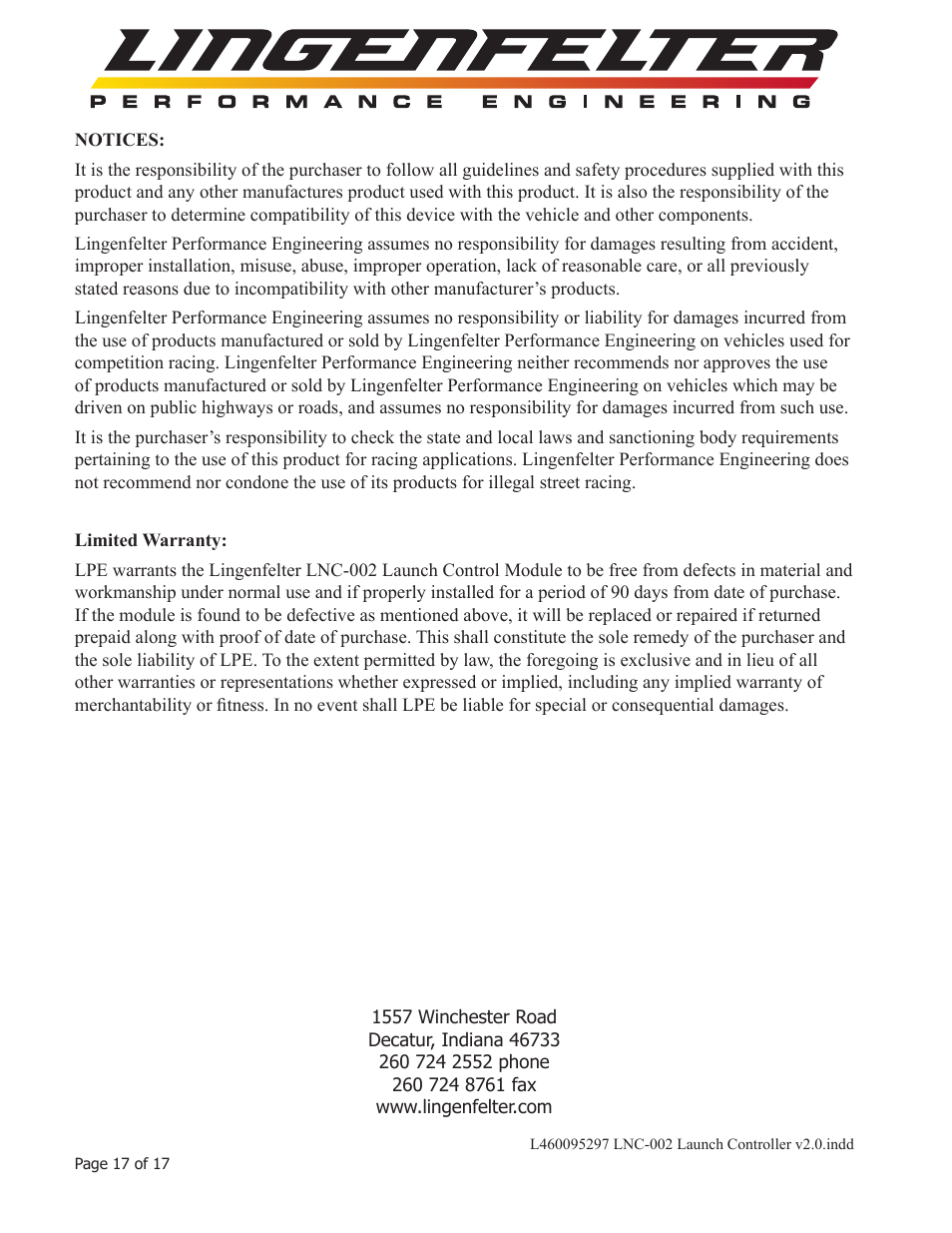 Lingenfelter L460095297 Lingenfelter LNC-002 Launch Controller v2.0 User Manual | Page 18 / 18