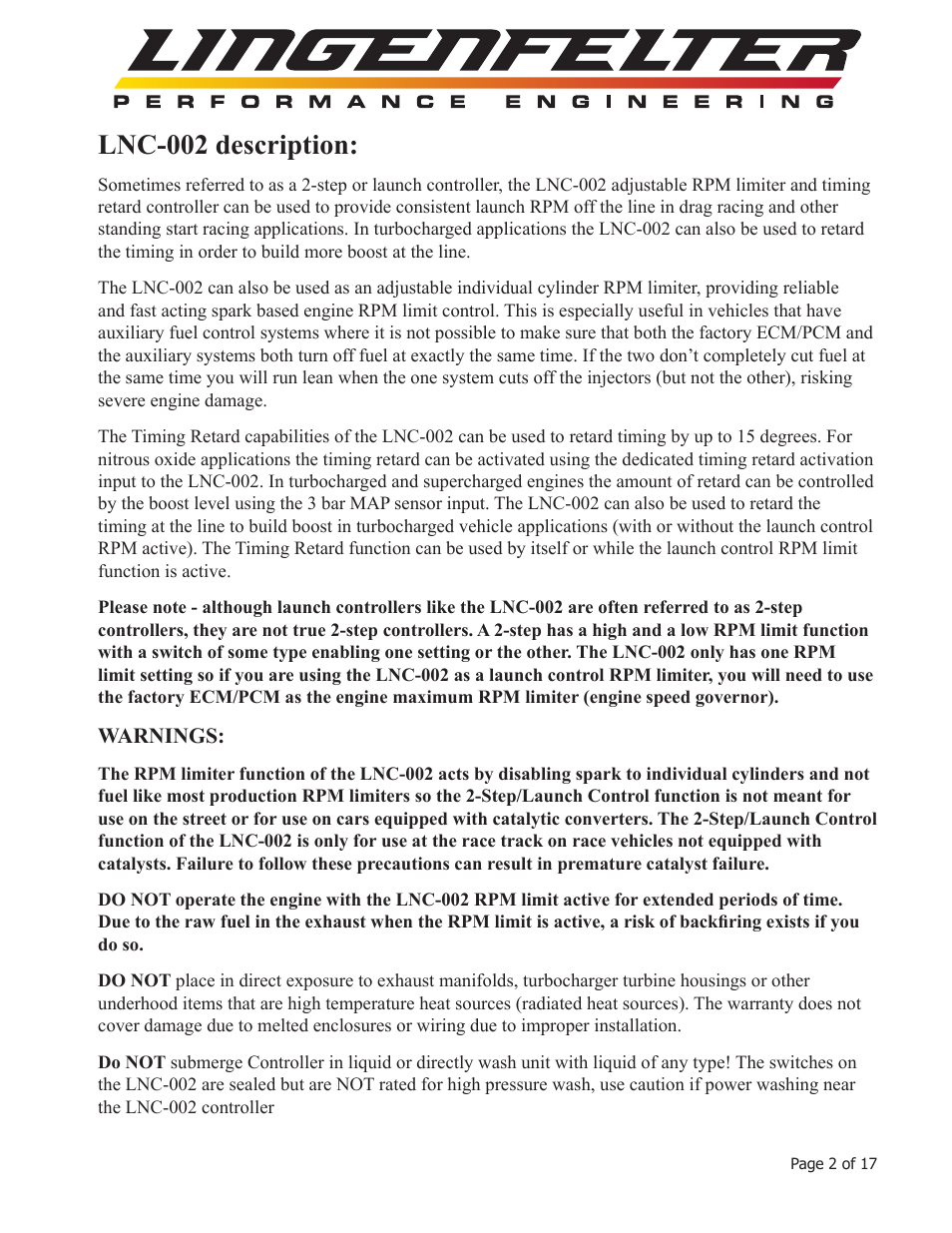Lnc-002 description | Lingenfelter L460095297 Lingenfelter LNC-002 Launch Controller v2.0 User Manual | Page 3 / 18