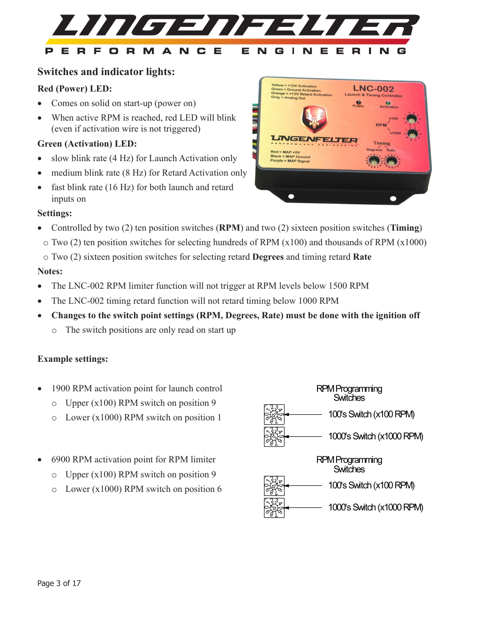 Switches and indicator lights | Lingenfelter L460095297 Lingenfelter LNC-002 Launch Controller v2.0 User Manual | Page 4 / 18