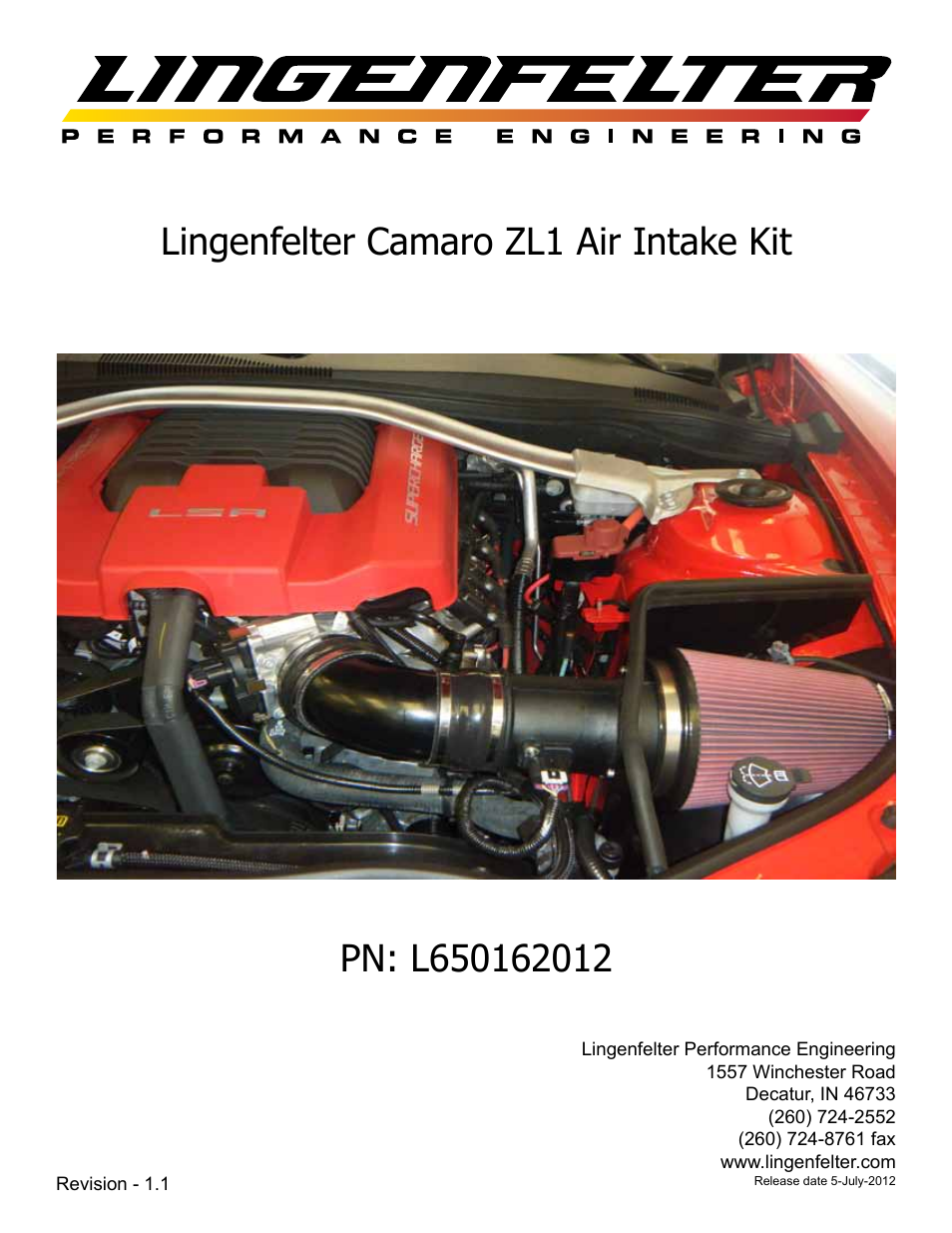 Lingenfelter L650162012 Lingenfelter Camaro ZL1 Air Intake Kit 2012-13 v1.1 User Manual | 9 pages