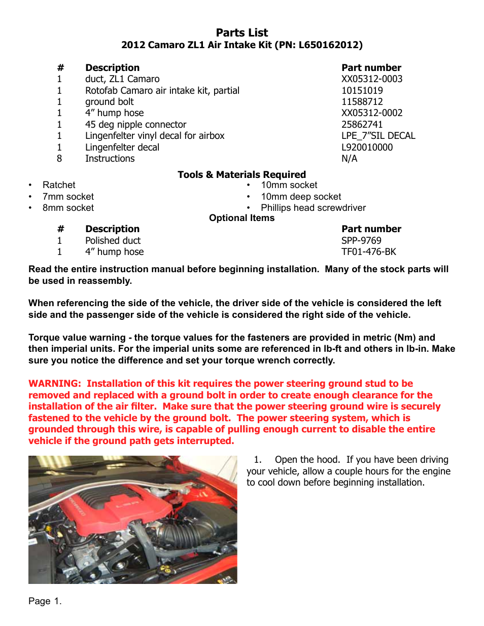 Lingenfelter L650162012 Lingenfelter Camaro ZL1 Air Intake Kit 2012-13 v1.1 User Manual | Page 2 / 9