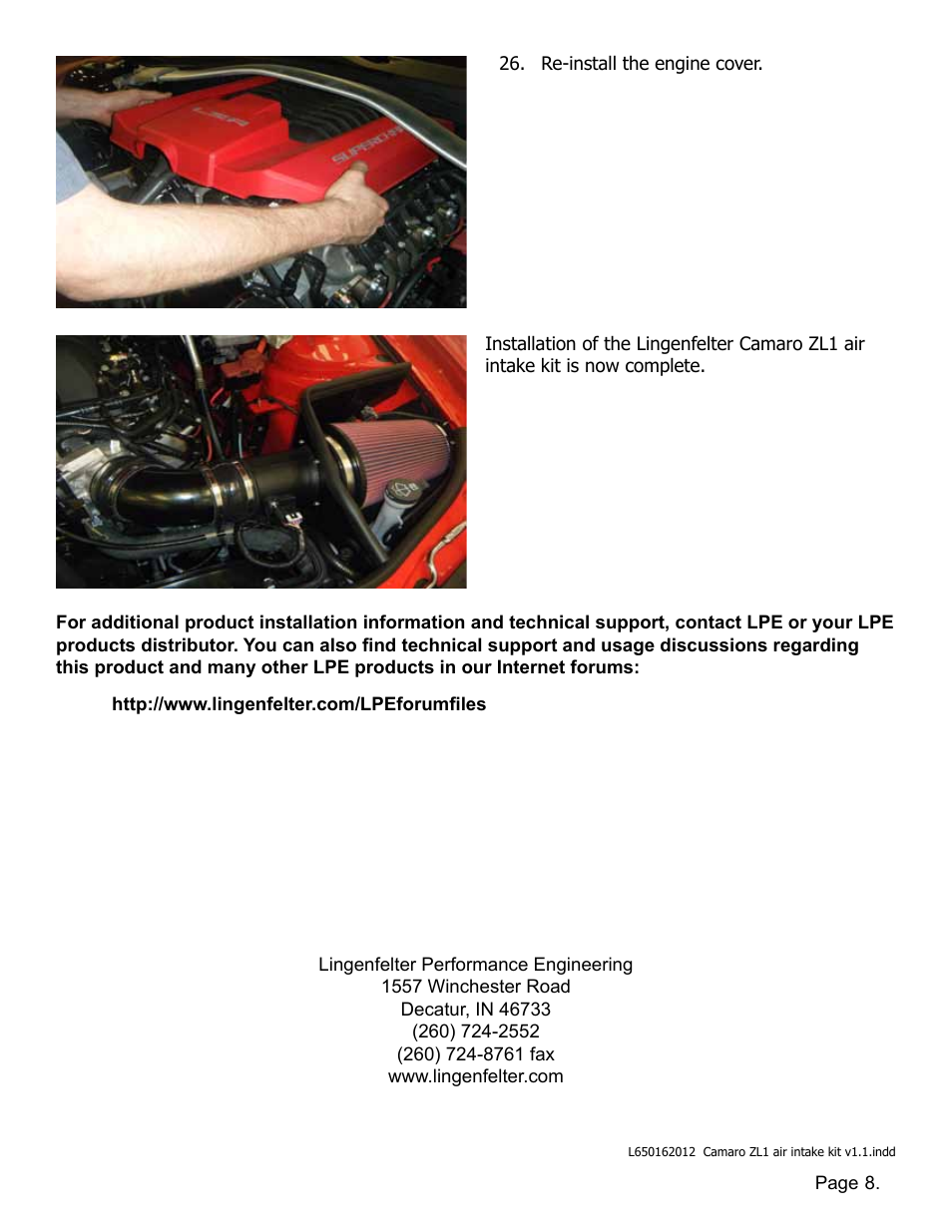 Lingenfelter L650162012 Lingenfelter Camaro ZL1 Air Intake Kit 2012-13 v1.1 User Manual | Page 9 / 9