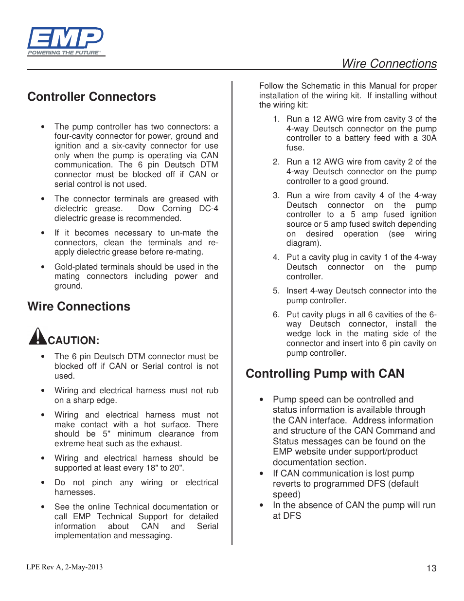 Wire connections, Controller connectors, Controlling pump with can | Lingenfelter Stewart EMP High Volume Intercooler Pump E2512A & WP29 User Manual | Page 13 / 18