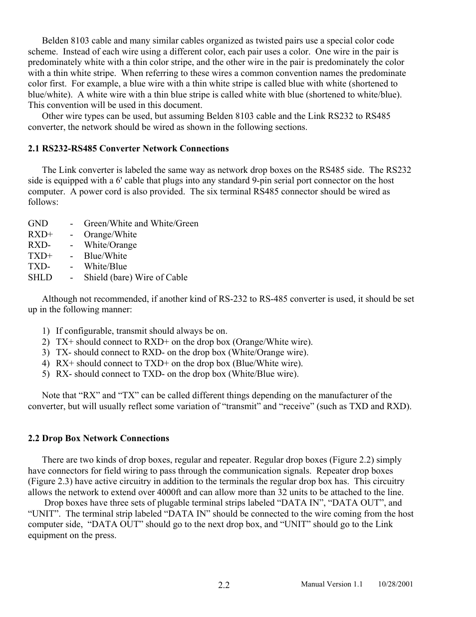 Rs232-rs485 converter network connections, Drop box network connections | LINK Systems LinkNet II User Manual | Page 12 / 99