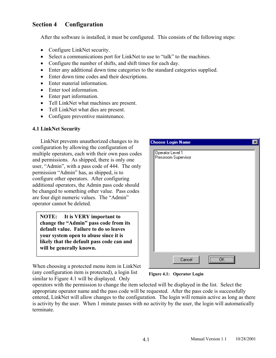 Configuration, Linknet security, Section 4 configuration | 1 linknet, Security, Figure 4.1, Operator login | LINK Systems LinkNet II User Manual | Page 23 / 99