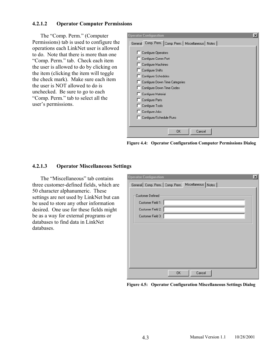 Operator computer permissions, Operator miscellaneous settings, Figure 4.4 | Operator configuration computer permissions dialog, Figure 4.5 | LINK Systems LinkNet II User Manual | Page 25 / 99