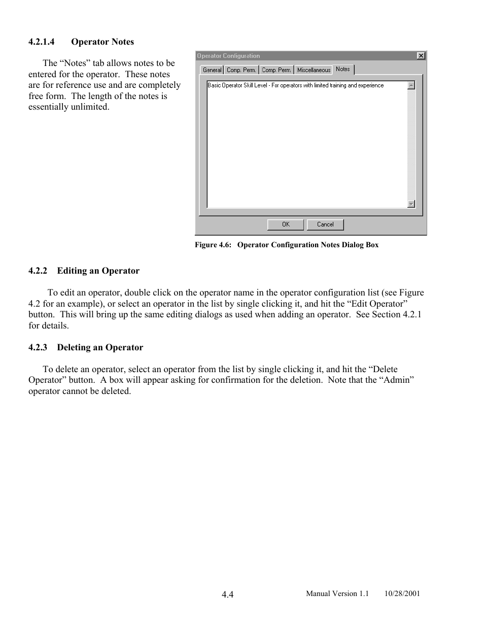 Operator notes, Editing an operator, Deleting an operator | Figure 4.6, Operator configuration notes dialog box | LINK Systems LinkNet II User Manual | Page 26 / 99