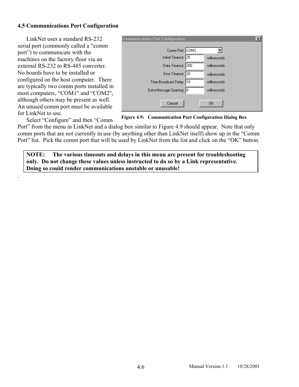 Communications port configuration, Figure 4.9, Communication port configuration dialog box | LINK Systems LinkNet II User Manual | Page 28 / 99