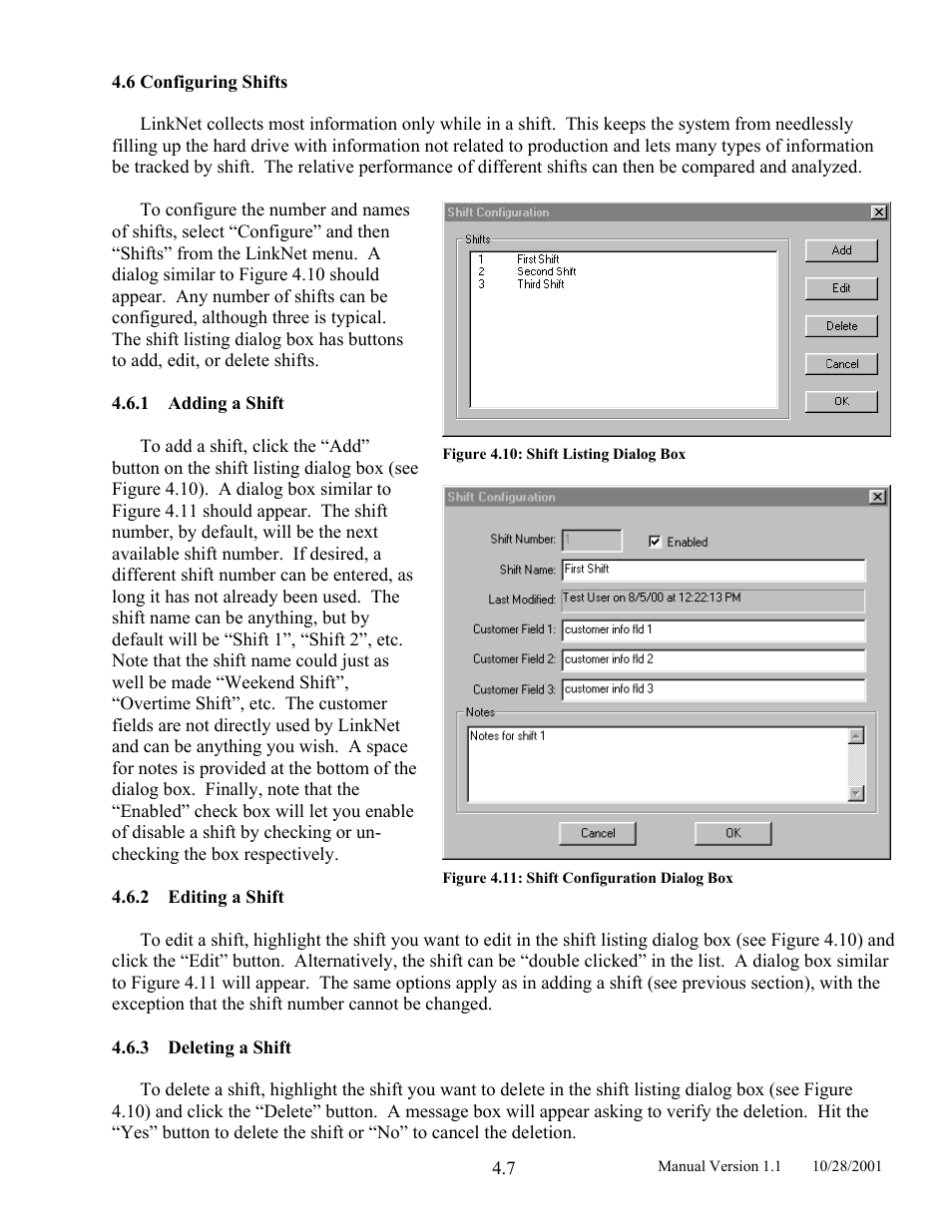 Configuring shifts, Adding a shift, Editing a shift | Deleting a shift, 6 configuring, Shifts, 3 deleting, Shift | LINK Systems LinkNet II User Manual | Page 29 / 99
