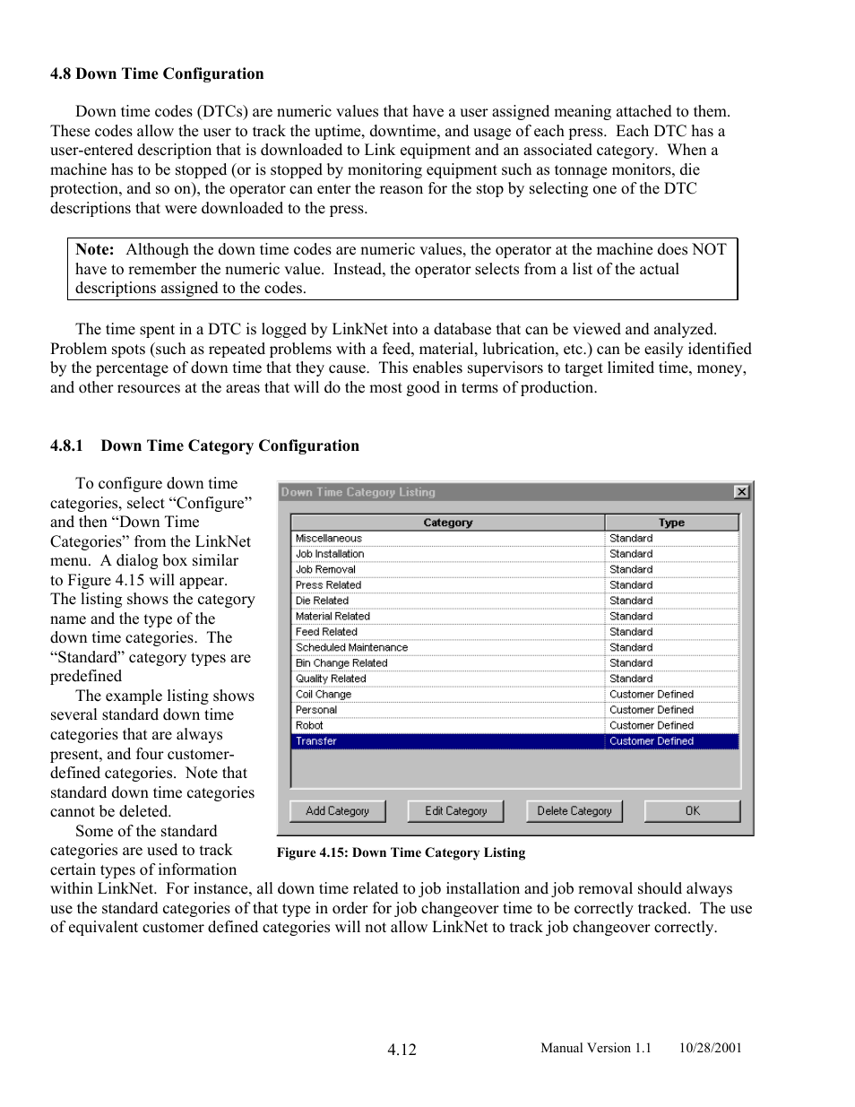 Down time configuration, Down time category configuration, 8 down | Time, Configuration, Figure 4.15: down time category listing | LINK Systems LinkNet II User Manual | Page 34 / 99