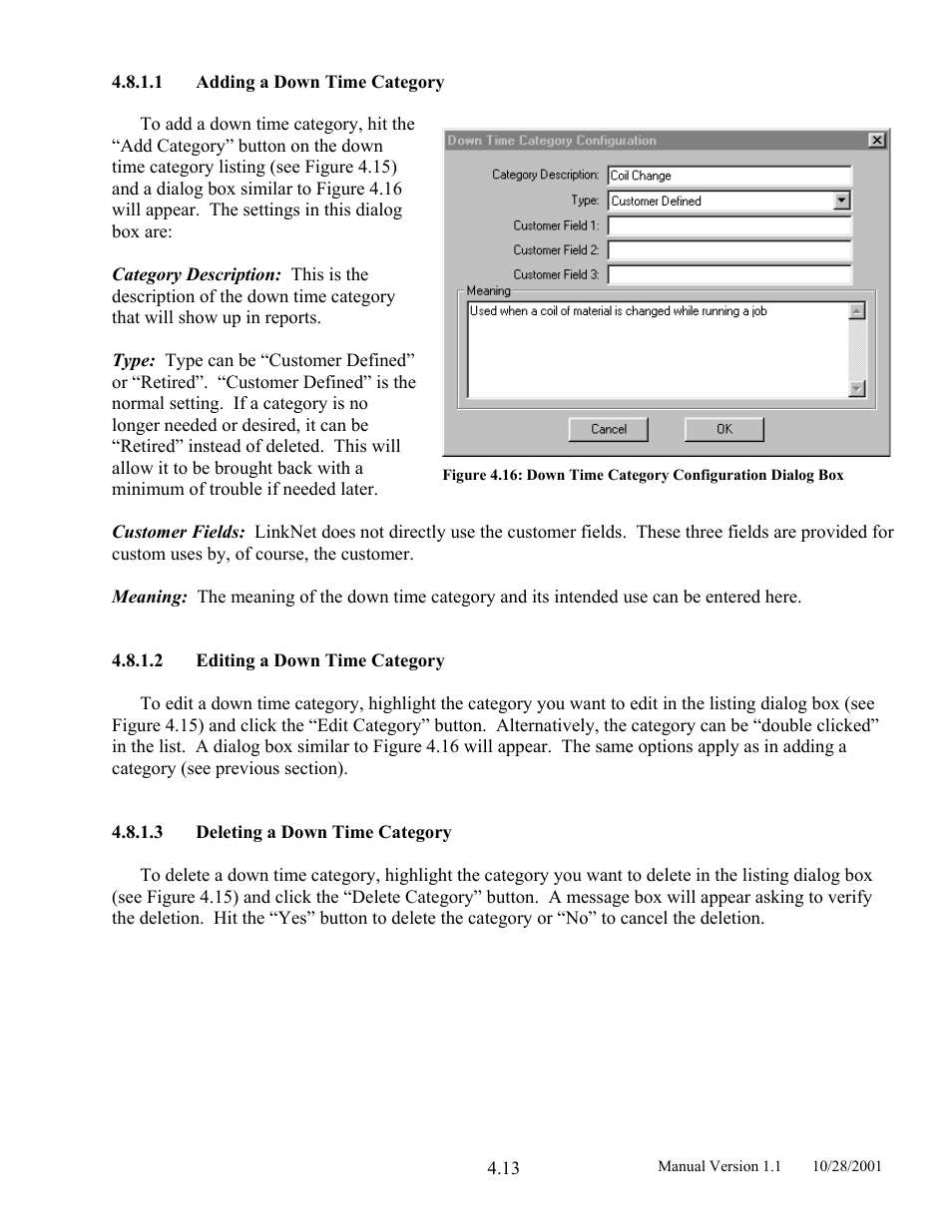 Adding a down time category, Editing a down time category, Deleting a down time category | LINK Systems LinkNet II User Manual | Page 35 / 99