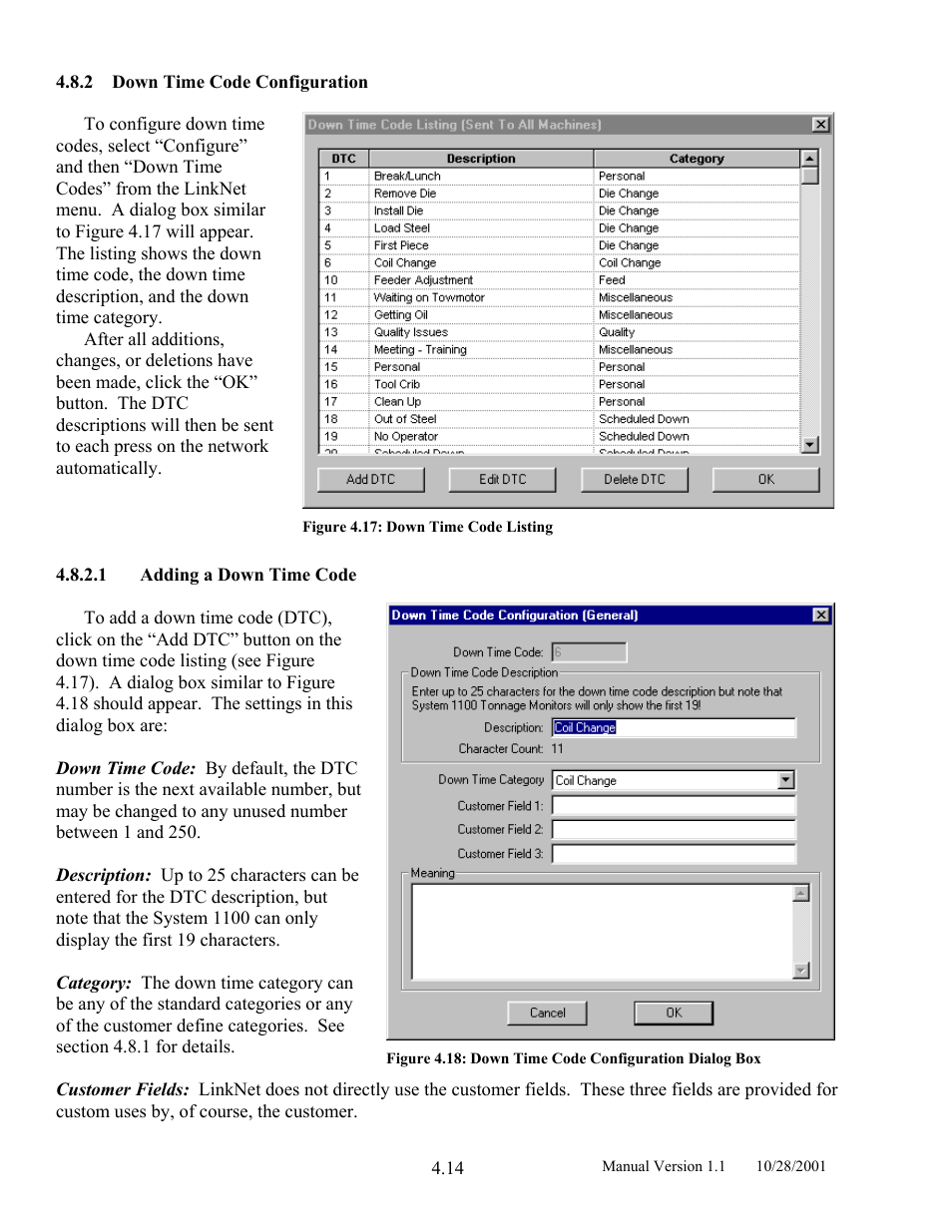 Down time code configuration, Adding a down time code | LINK Systems LinkNet II User Manual | Page 36 / 99