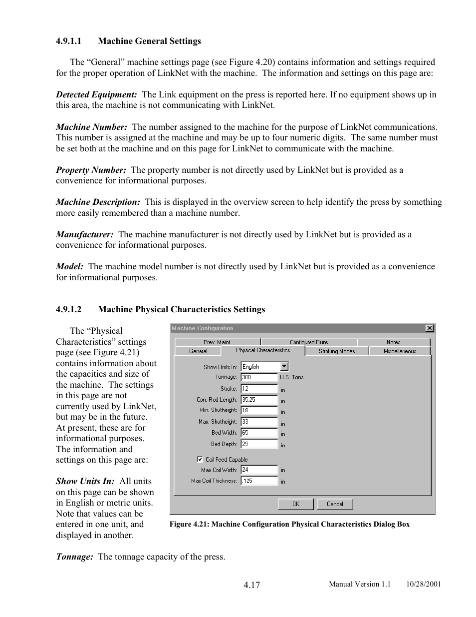 Machine general settings, Machine physical characteristics settings | LINK Systems LinkNet II User Manual | Page 39 / 99