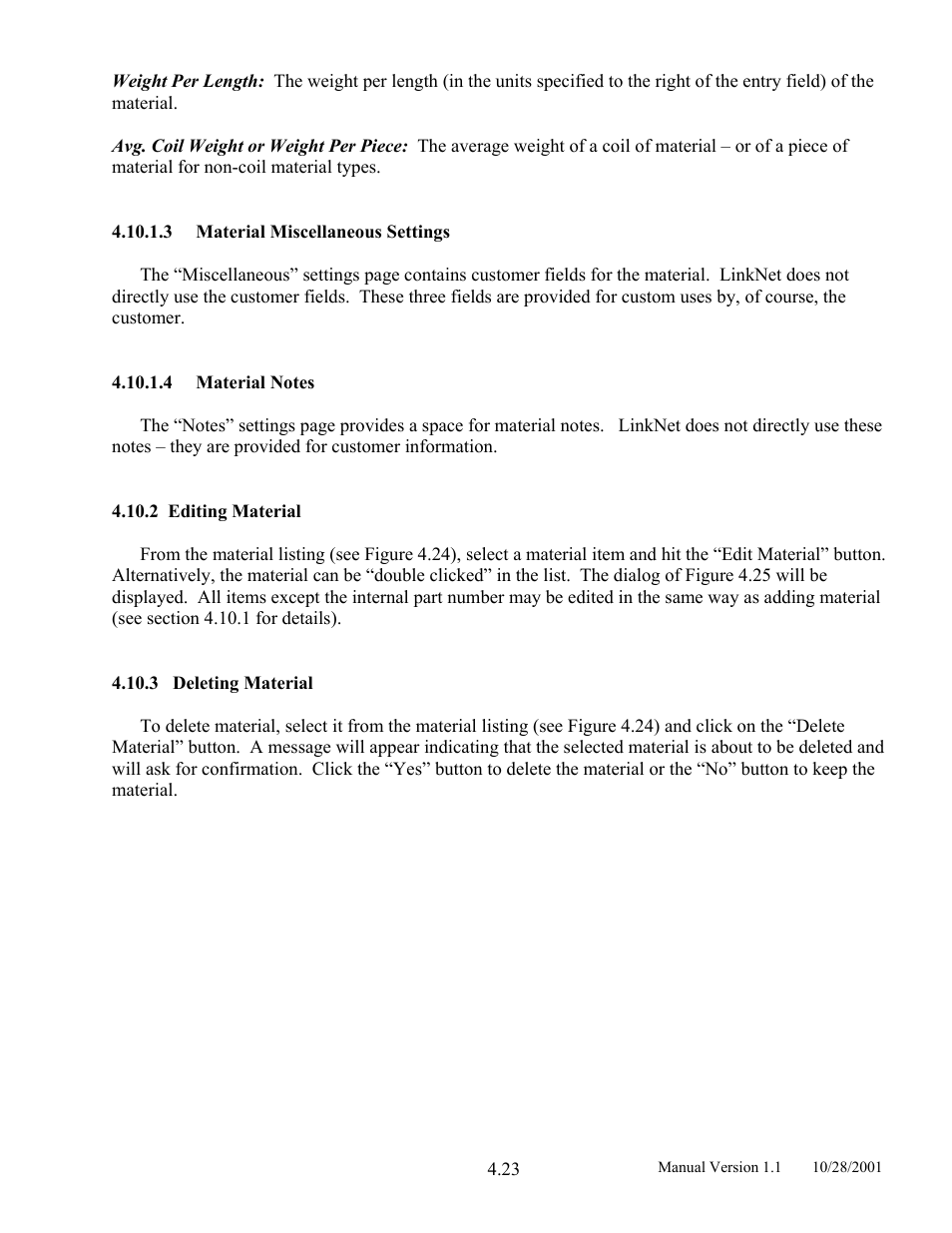 Material miscellaneous settings, Material notes, Editing material | Deleting material, 2 editing, Material, 3 deleting | LINK Systems LinkNet II User Manual | Page 45 / 99