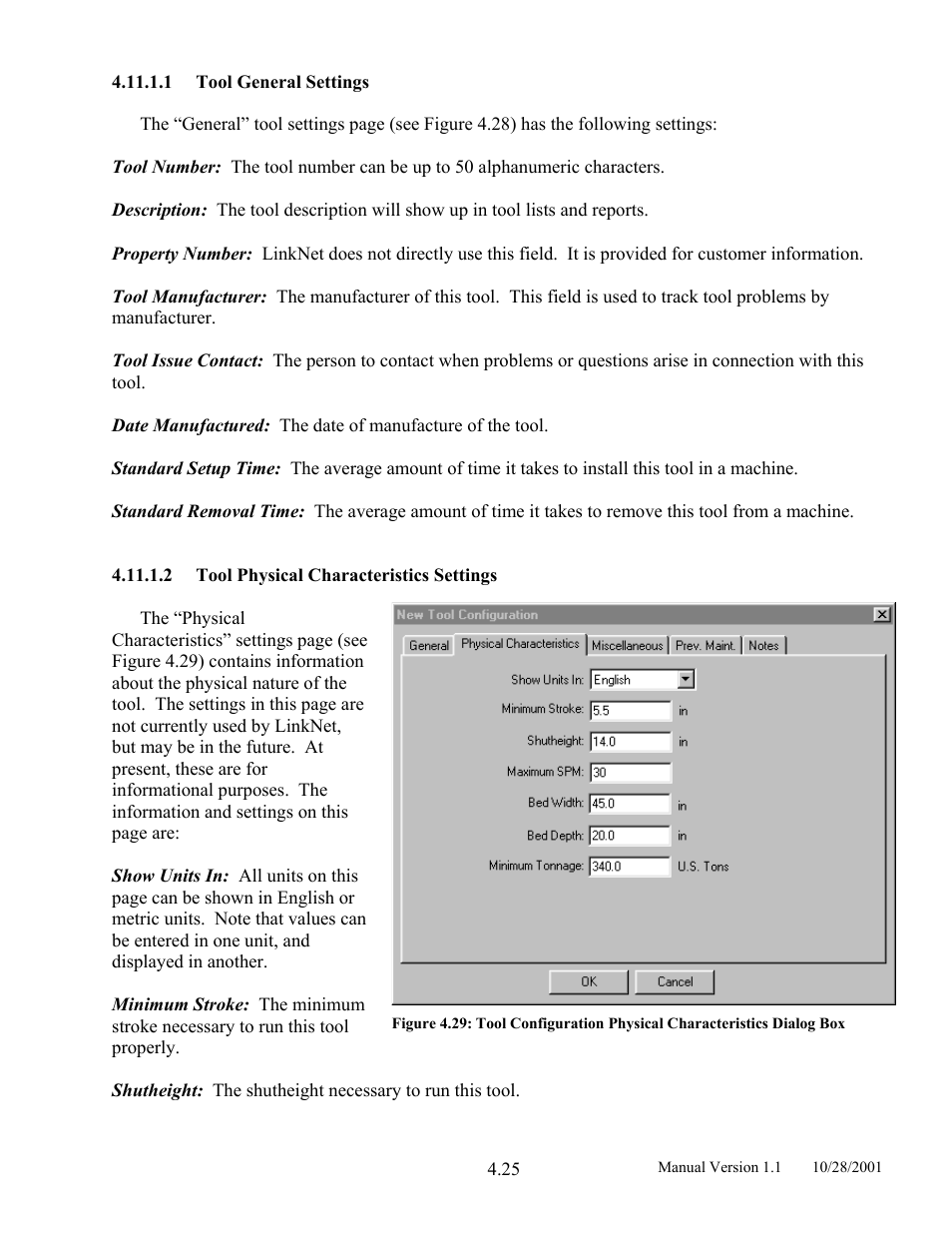 Tool general settings, Tool physical characteristics settings | LINK Systems LinkNet II User Manual | Page 47 / 99