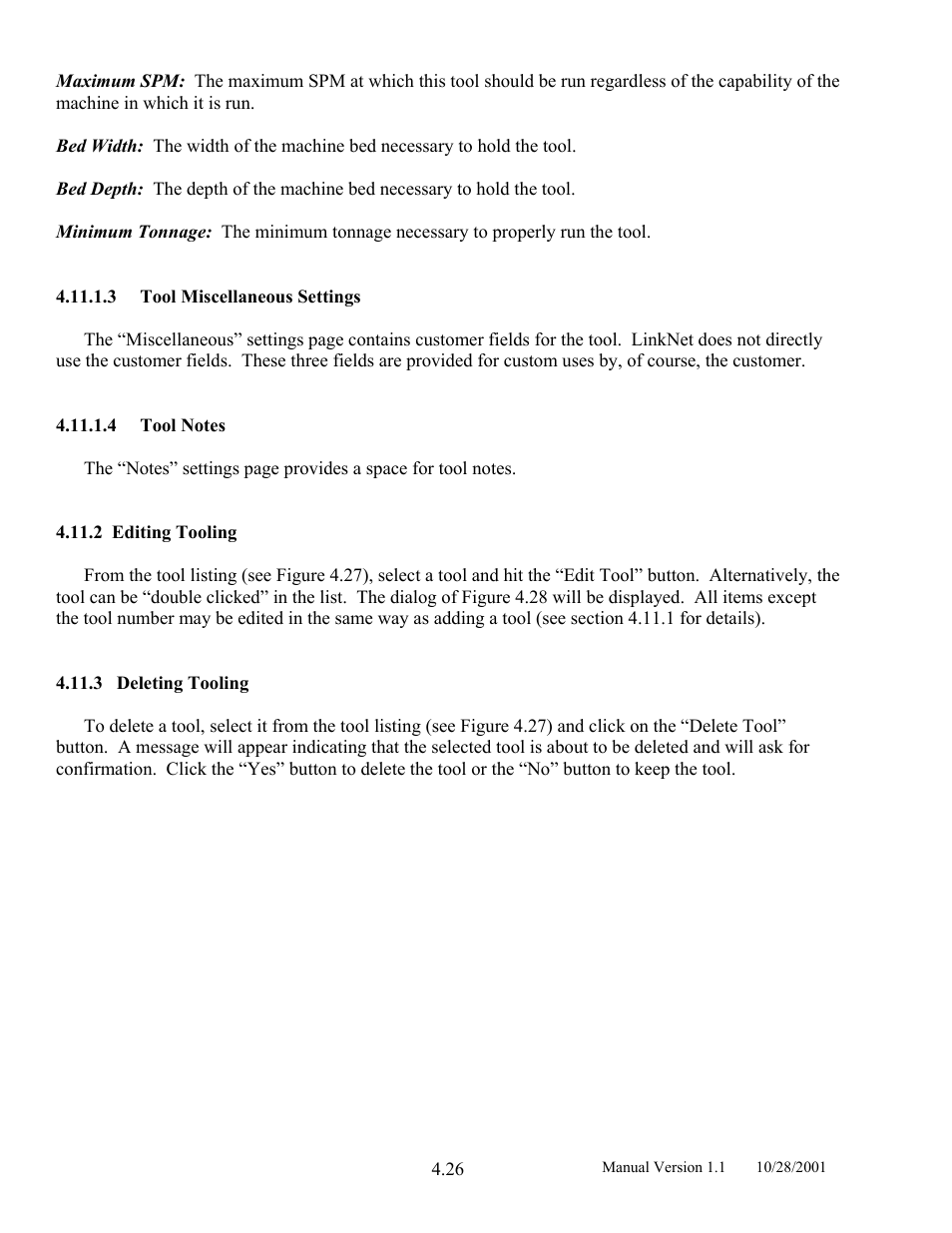Tool miscellaneous settings, Tool notes, Editing tooling | Deleting tooling, 2 editing, Tooling, 3 deleting | LINK Systems LinkNet II User Manual | Page 48 / 99