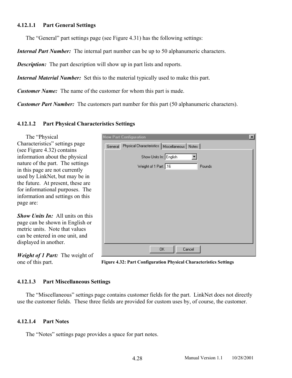Part general settings, Part physical characteristics settings, Part miscellaneous settings | Part notes | LINK Systems LinkNet II User Manual | Page 50 / 99