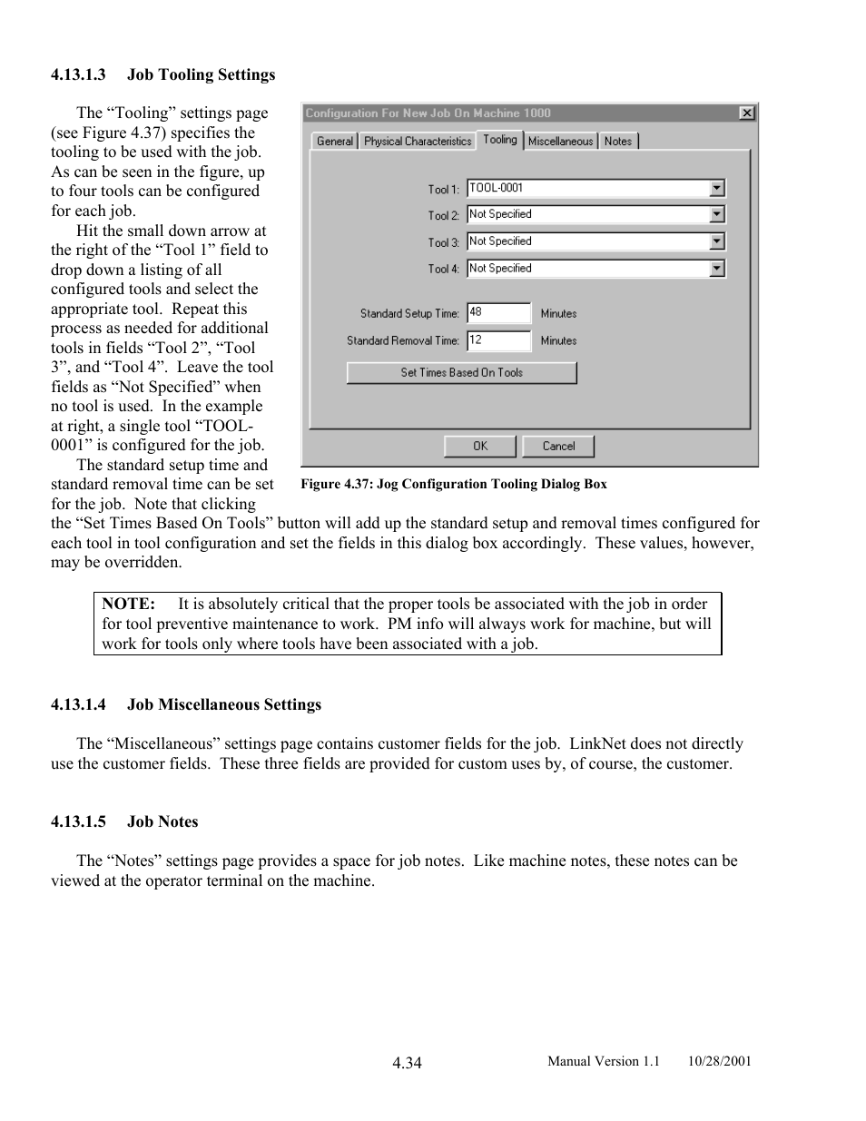 Job tooling settings, Job miscellaneous settings, Job notes | Figure 4.37: jog configuration tooling dialog box | LINK Systems LinkNet II User Manual | Page 56 / 99
