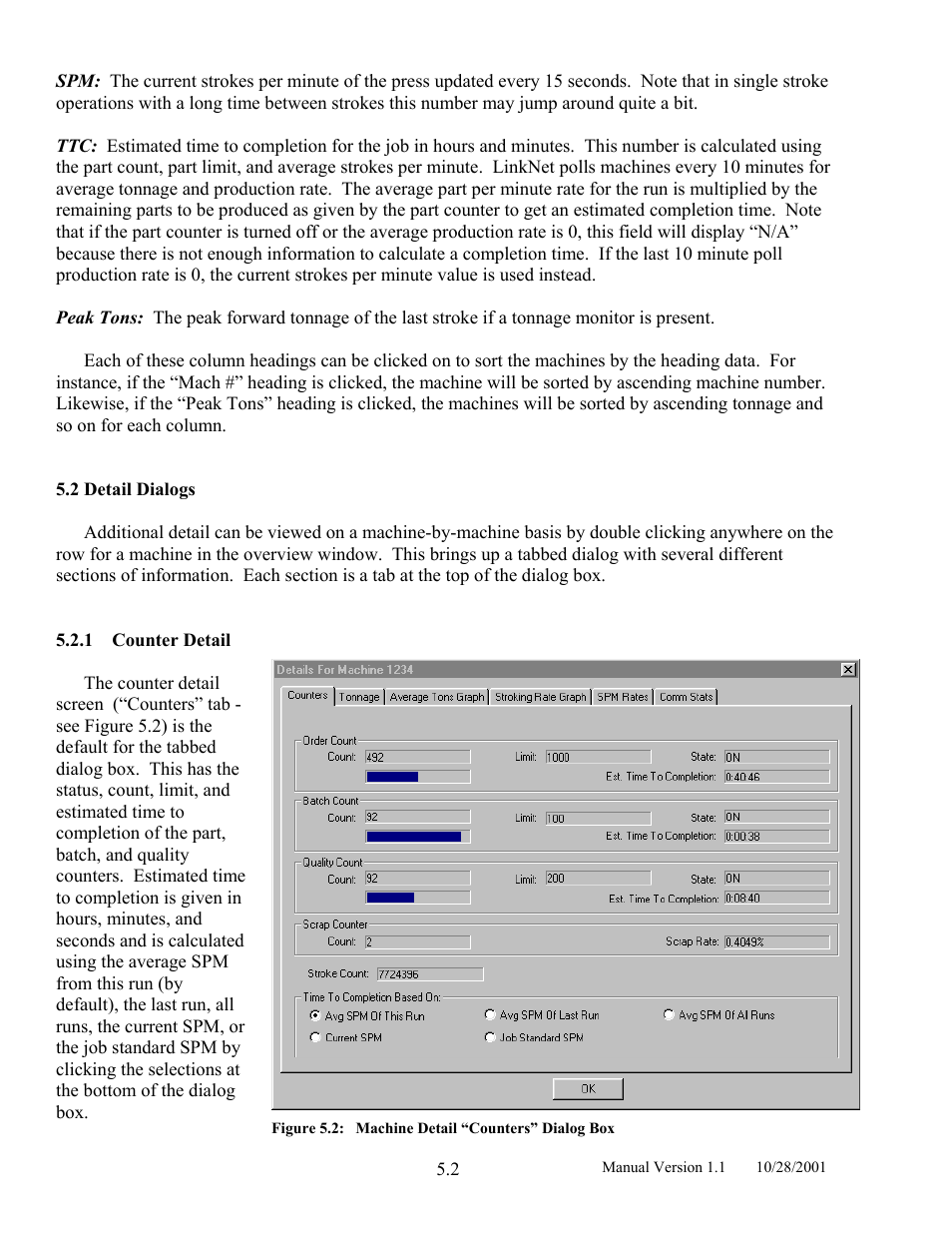 Detail dialogs, Counter detail, 2 detail | Dialogs, 1 counter, Detail, Figure 5.2, Machine detail “counters” dialog box | LINK Systems LinkNet II User Manual | Page 64 / 99