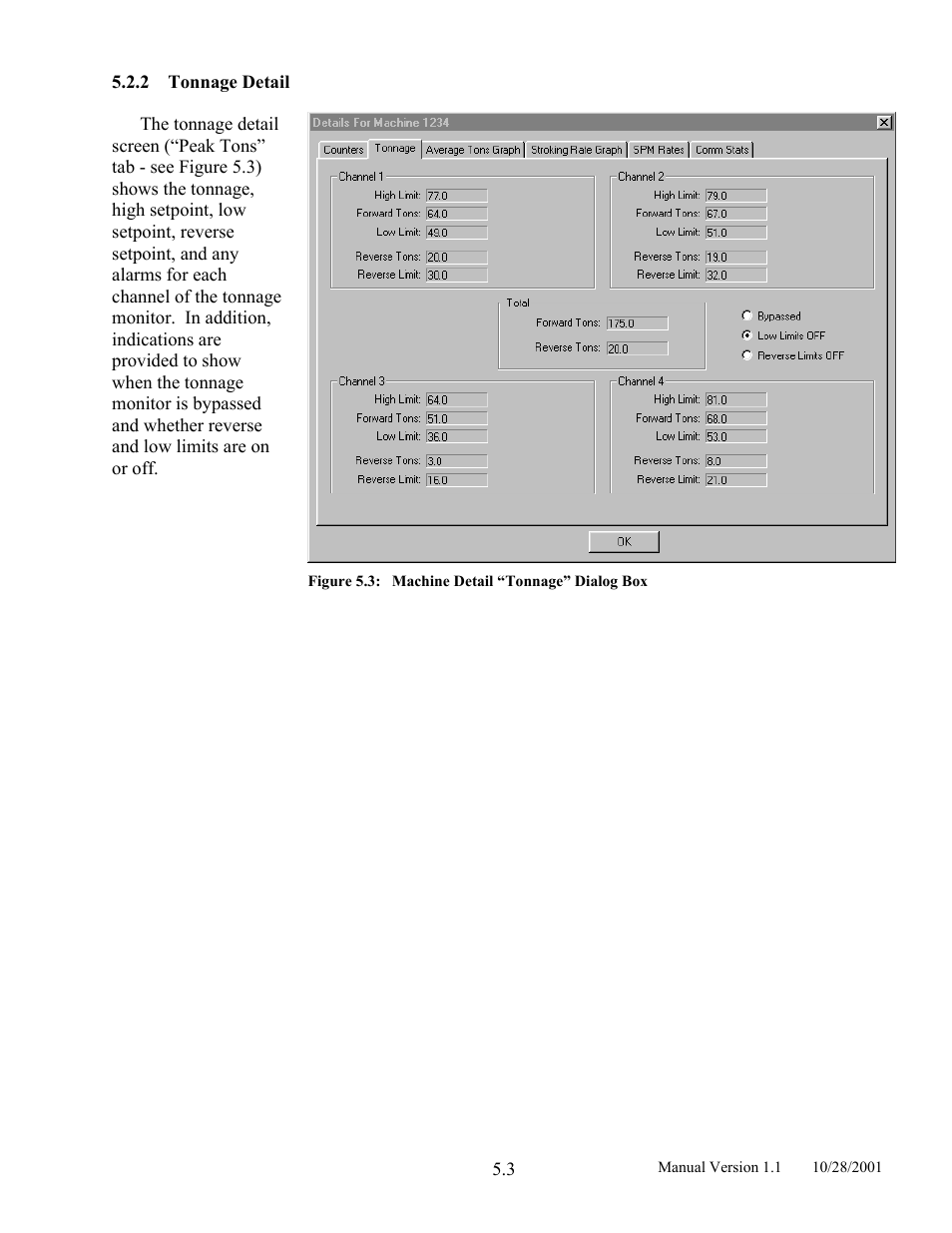 Tonnage detail, 2 tonnage, Detail | Figure 5.3, Machine detail “tonnage” dialog box | LINK Systems LinkNet II User Manual | Page 65 / 99
