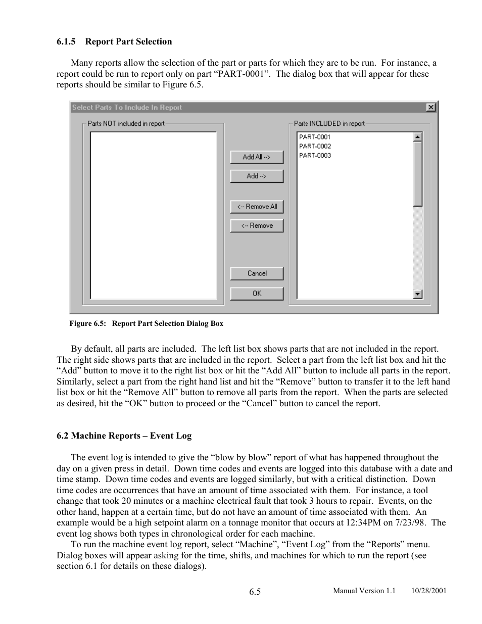 Report part selection, Machine reports – event log, 5 report | Part, Selection, Figure 6.5, Report part selection dialog box | LINK Systems LinkNet II User Manual | Page 73 / 99