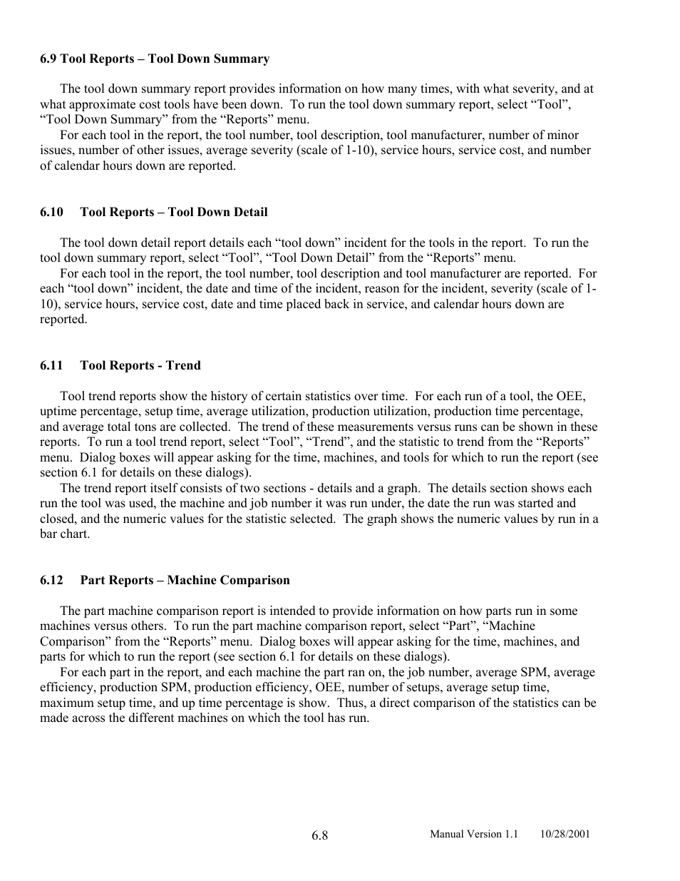 Tool reports – tool down summary, Tool reports – tool down detail, Tool reports - trend | Part reports – machine comparison | LINK Systems LinkNet II User Manual | Page 76 / 99