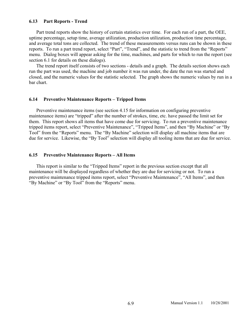 Part reports - trend, Preventive maintenance reports – tripped items, Preventive maintenance reports – all items | 13 part reports - trend 6.14 preventive, Maintenance, Reports – tripped items, 15 preventive maintenance reports – all items | LINK Systems LinkNet II User Manual | Page 77 / 99