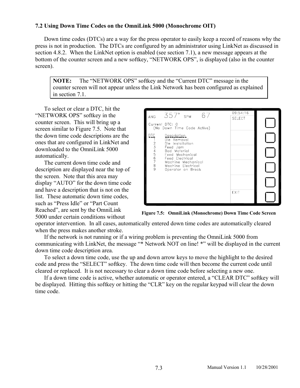 Figure 7.5, Omnilink (monochrome) down time code screen | LINK Systems LinkNet II User Manual | Page 81 / 99