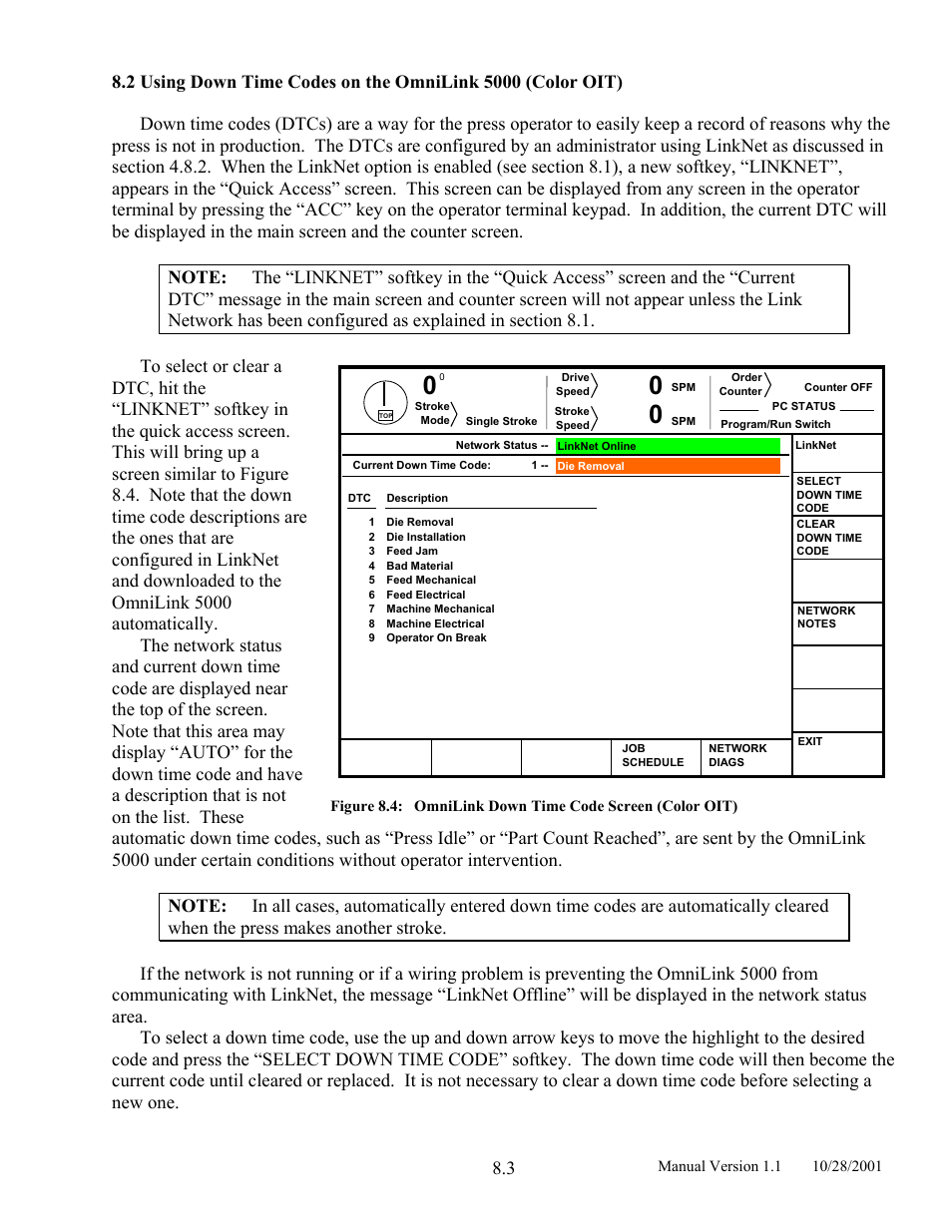 Figure 8.4, Omnilink down time code screen (color oit) | LINK Systems LinkNet II User Manual | Page 87 / 99
