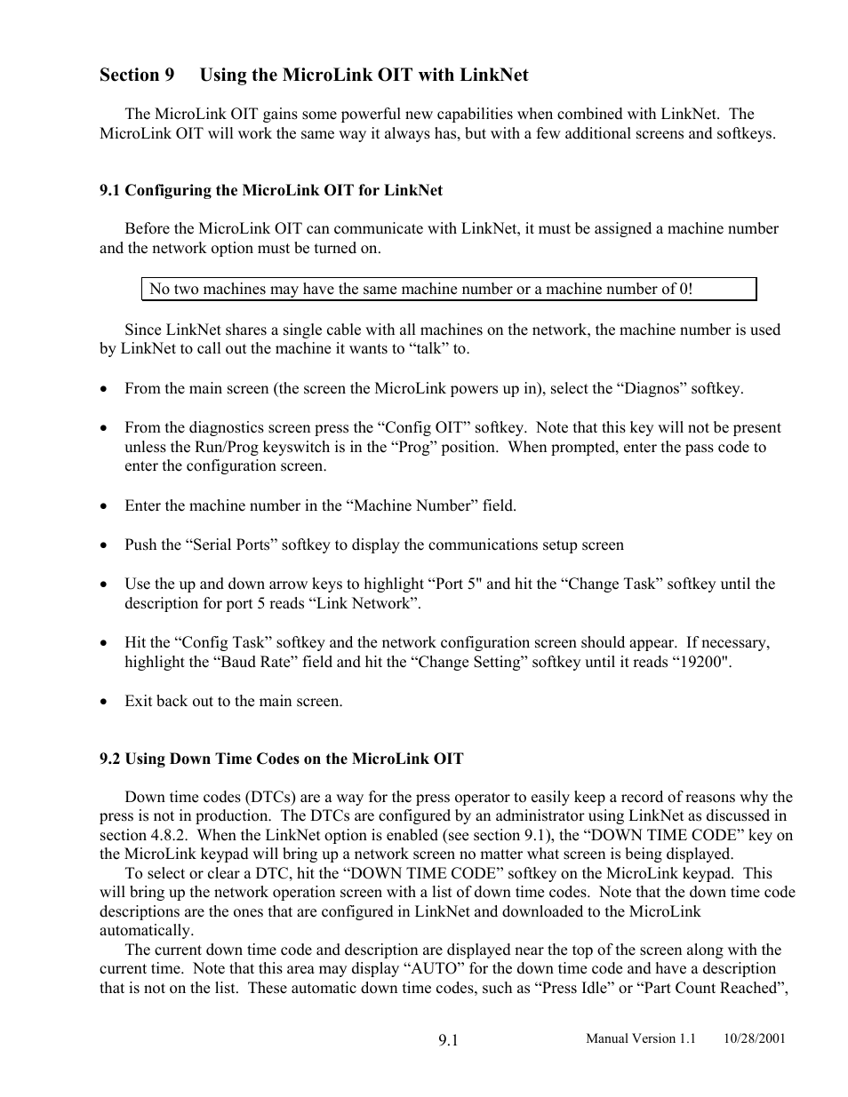 Using the microlink oit with linknet, Configuring the microlink oit for linknet, Using down time codes on the microlink oit | Section 9 using the microlink oit with linknet | LINK Systems LinkNet II User Manual | Page 91 / 99