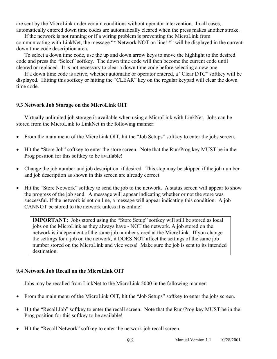 Network job storage on the microlink oit, Network job recall on the microlink oit | LINK Systems LinkNet II User Manual | Page 92 / 99