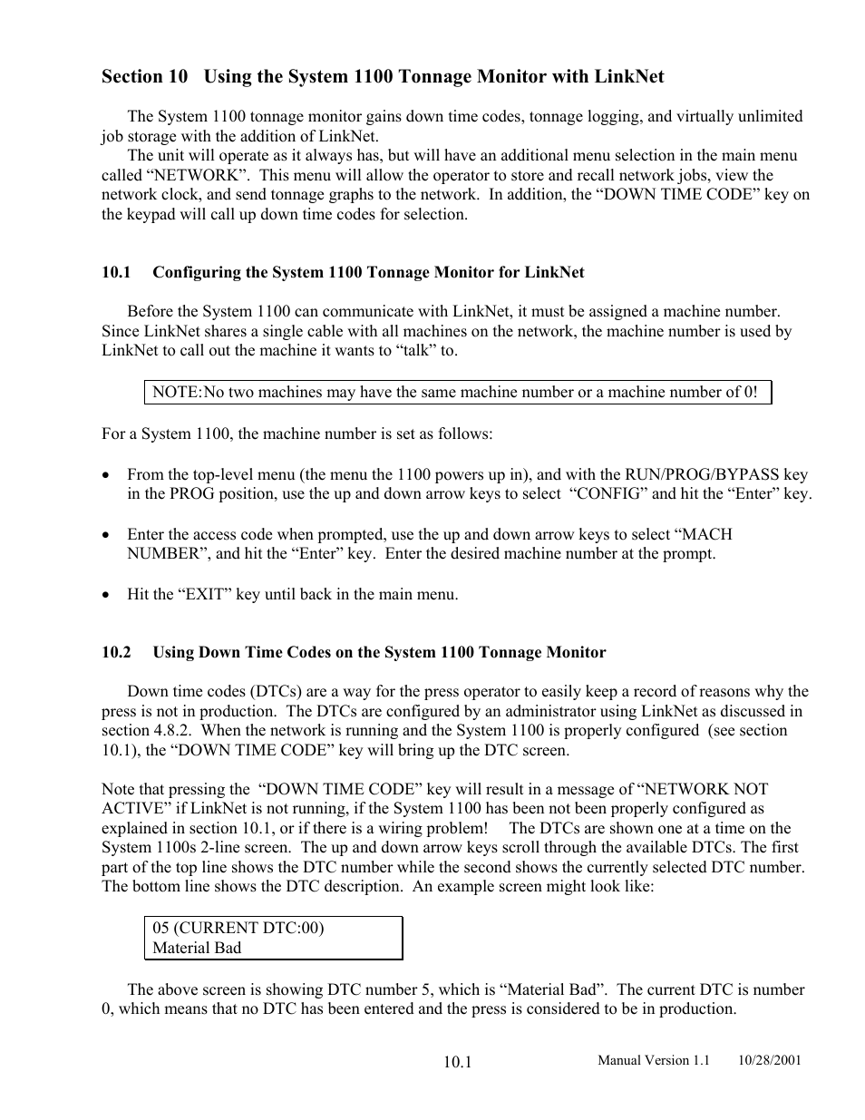 Using the system 1100 tonnage monitor with linknet, Section 10 | LINK Systems LinkNet II User Manual | Page 95 / 99