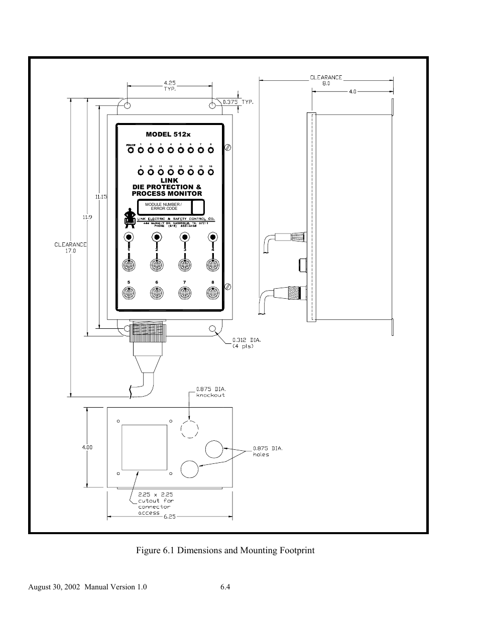 Figure 6.1 dimensions and mounting footprint, Process monitor die protection, Model 512x link | LINK Systems OmniLink II Press Automation Control User Manual | Page 109 / 154