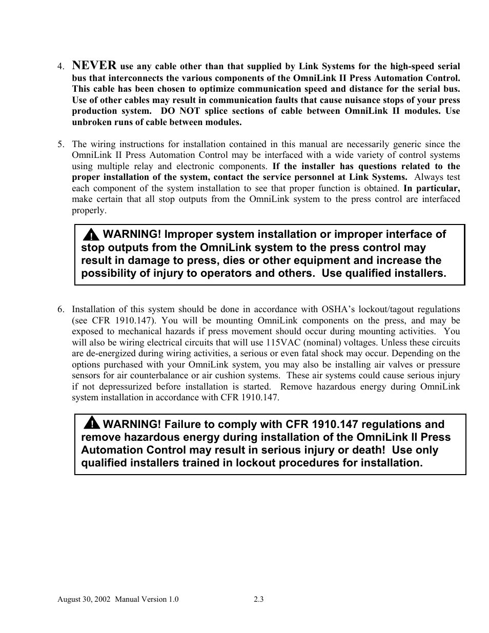 Never | LINK Systems OmniLink II Press Automation Control User Manual | Page 12 / 154