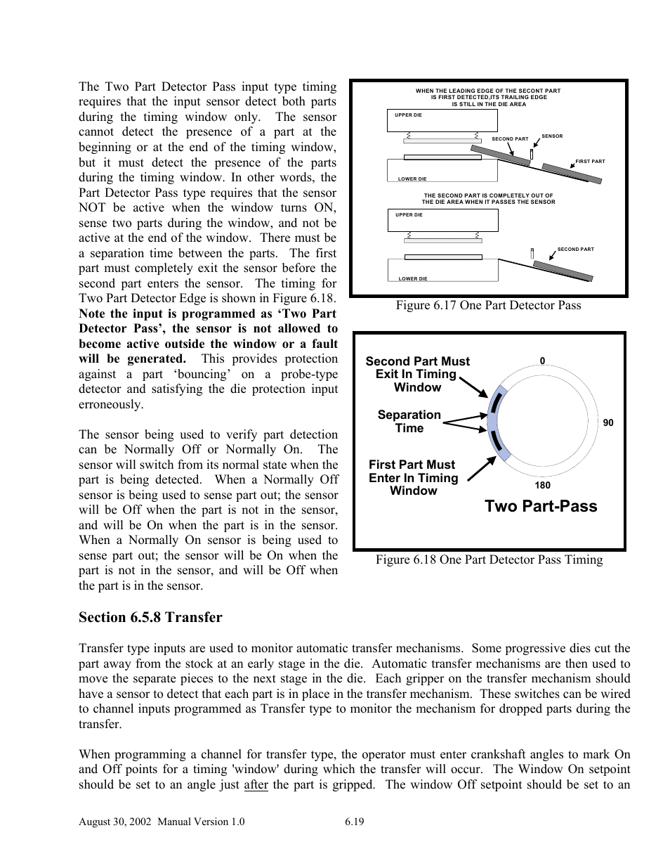 Two part-pass, Figure 6.17 one part detector pass, Figure 6.18 one part detector pass timing | Separation time | LINK Systems OmniLink II Press Automation Control User Manual | Page 124 / 154