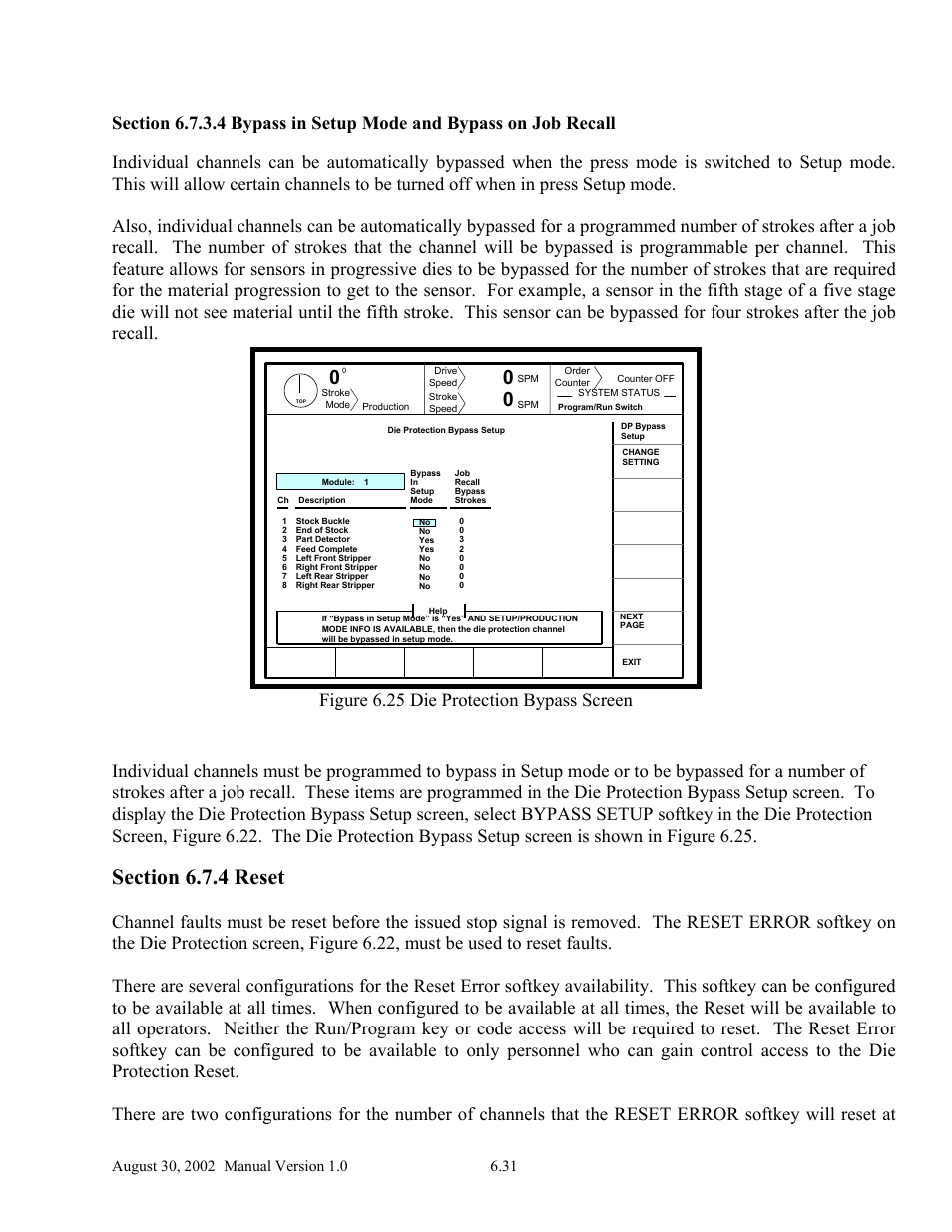 Figure 6.25 die protection bypass screen | LINK Systems OmniLink II Press Automation Control User Manual | Page 136 / 154