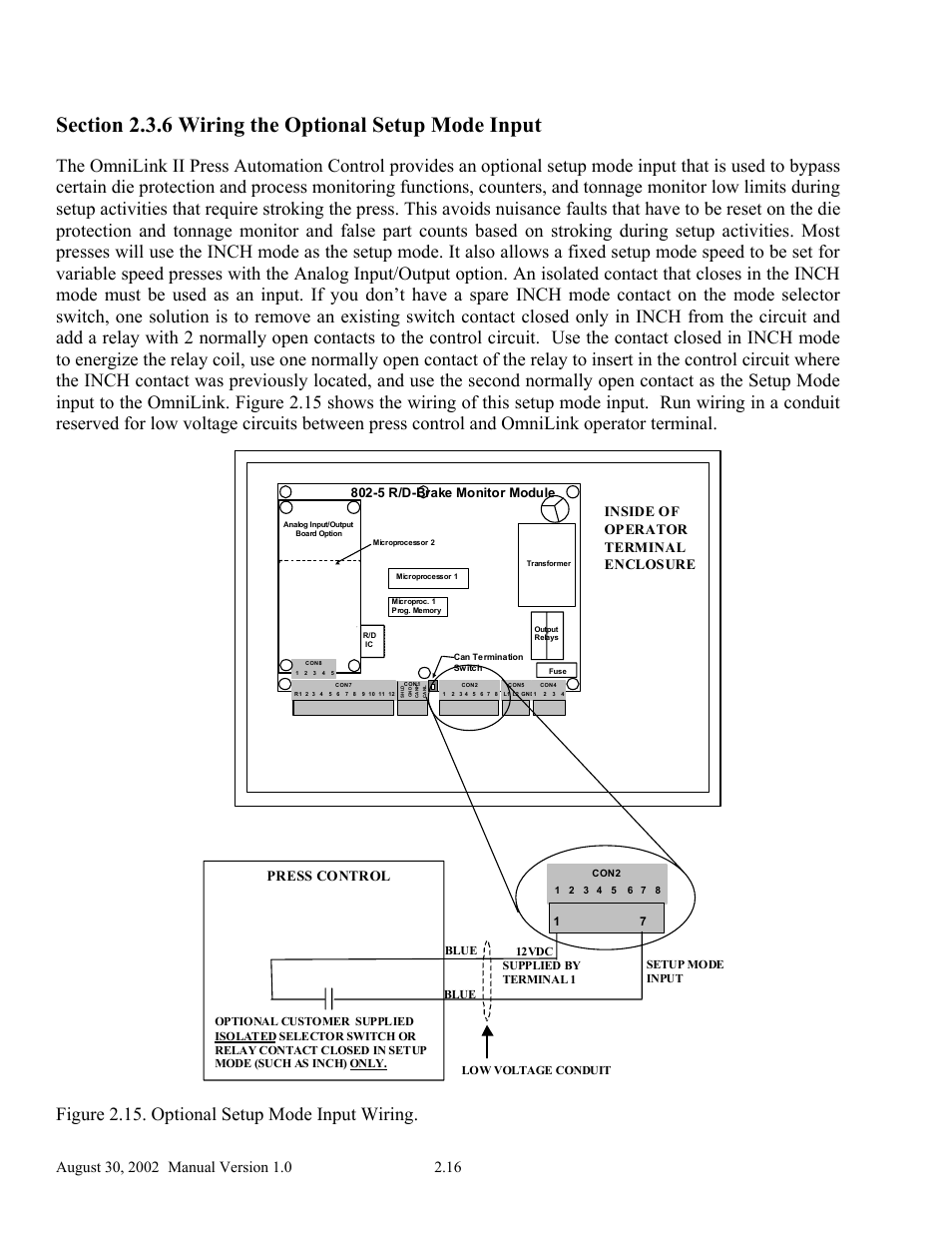 Figure 2.15. optional setup mode input wiring, Inside of operator terminal enclosure, Press control | 5 r/d-brake monitor module | LINK Systems OmniLink II Press Automation Control User Manual | Page 25 / 154