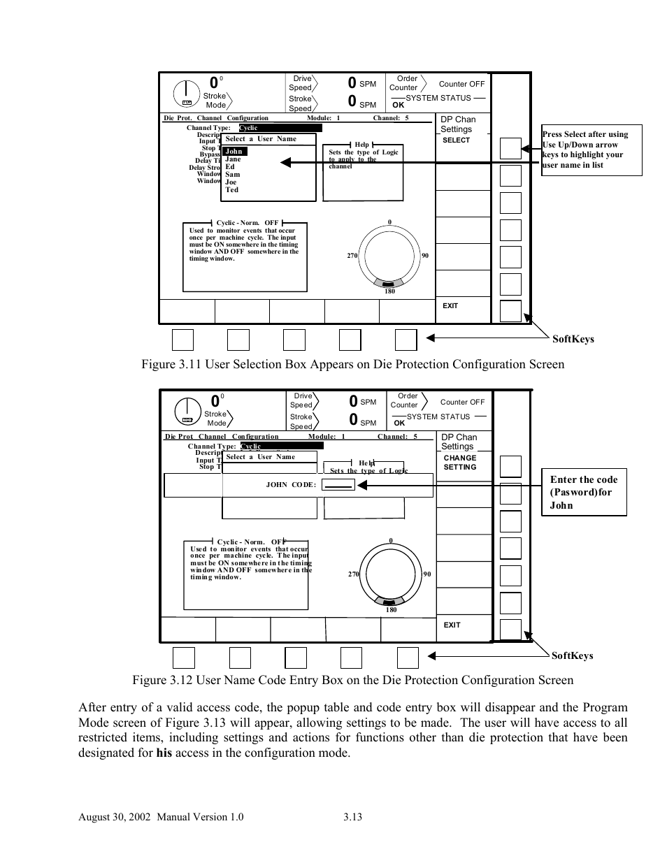 Softkeys, Softkeys enter the code (pasword)for john | LINK Systems OmniLink II Press Automation Control User Manual | Page 46 / 154