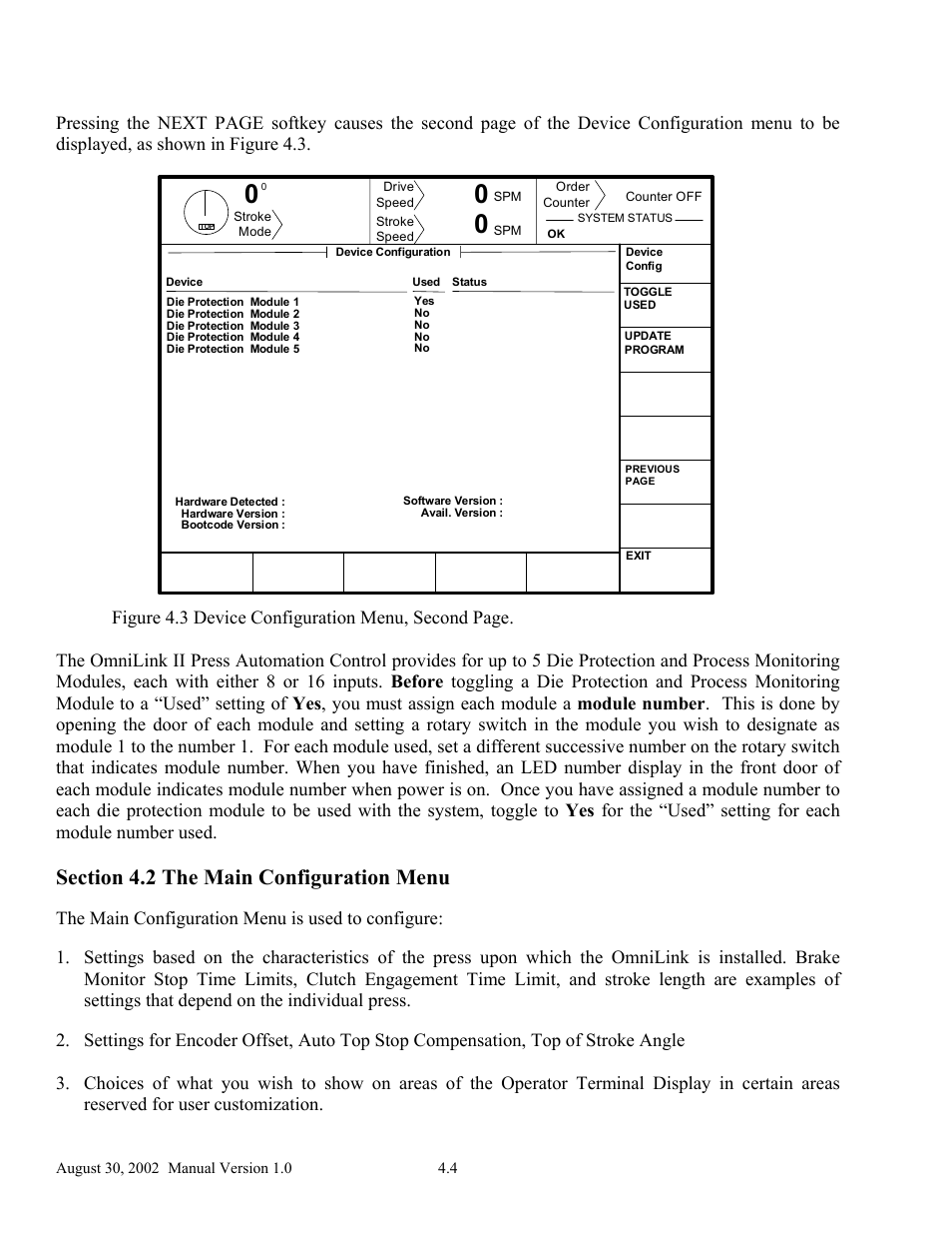 The main configuration menu is used to configure | LINK Systems OmniLink II Press Automation Control User Manual | Page 53 / 154